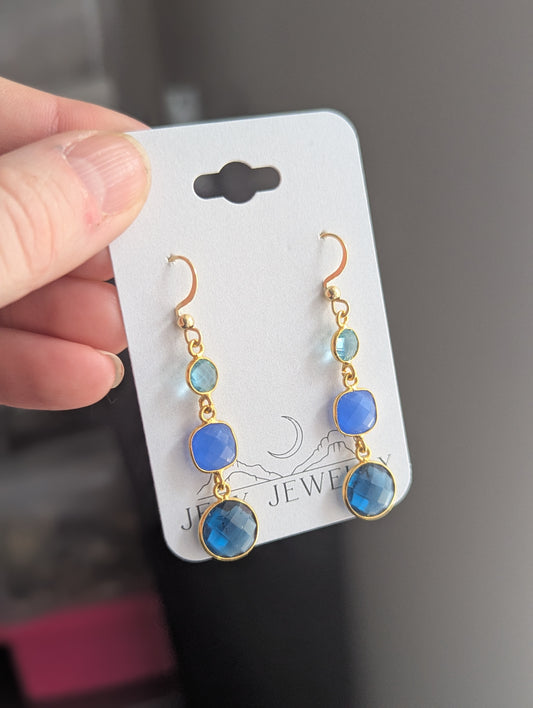 Gradient Blue Crystal Trio Gold Earrings