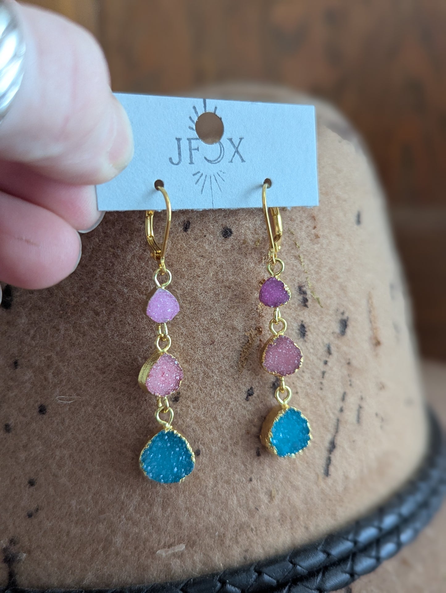 Pink, Blue, Red Druzy Trio Gold Hoop Earrings