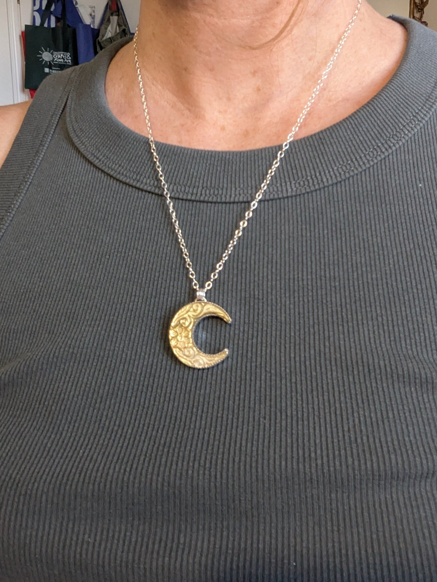 Carved Mother of Pearl Crescent Moon Sterling Silver Necklace