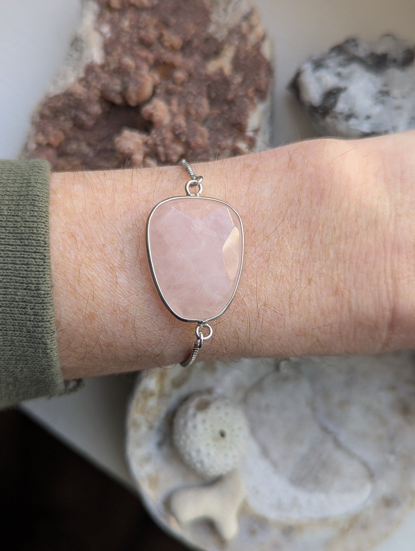 Large Faceted Rose Quartz Silver Slider Bracelet