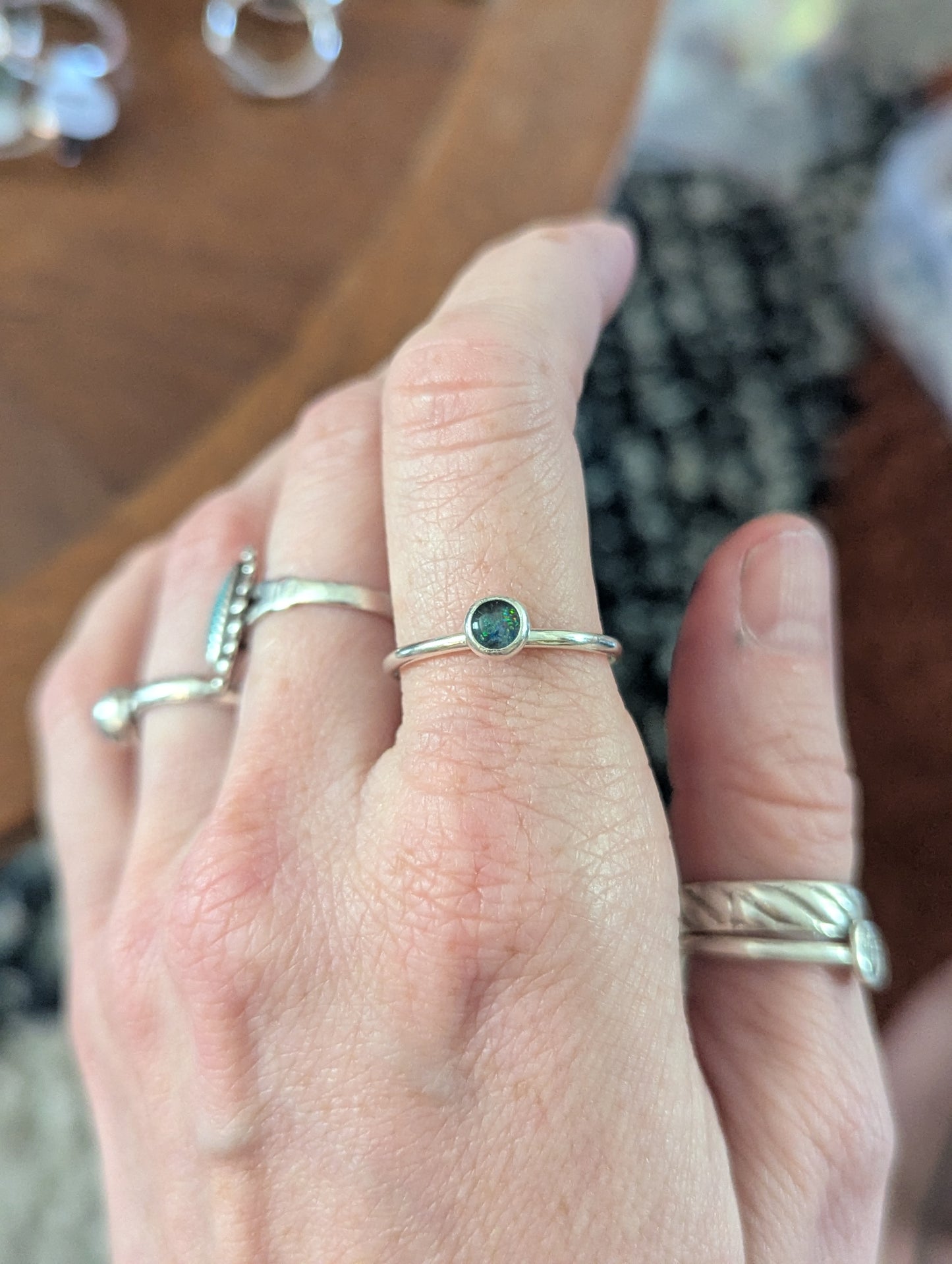 5mm Blue Green Opal Silver Stacker Ring (Ready to Ship) Size 8.5, 11