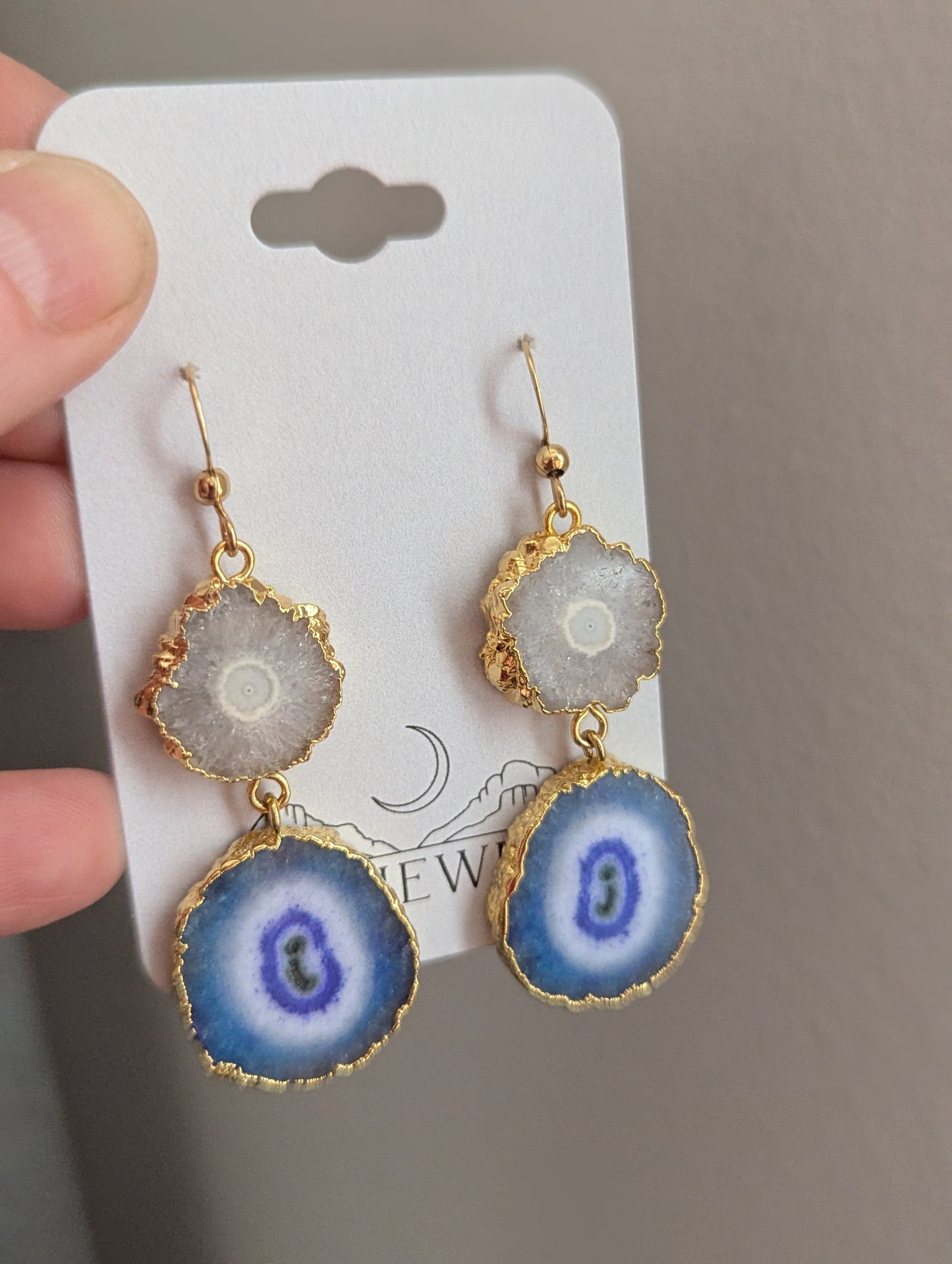 White and Blue Agate Duo Gold Earrings
