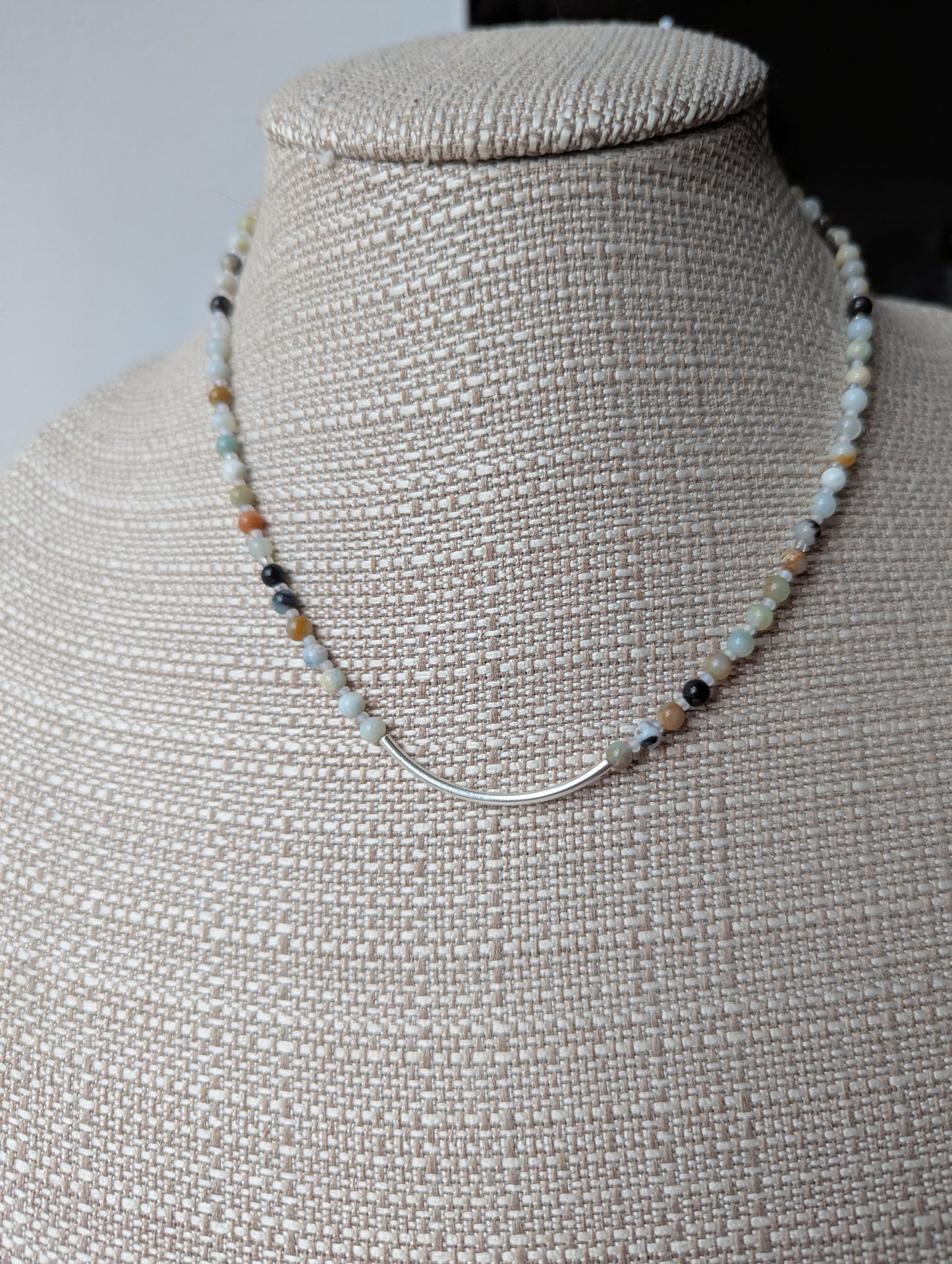 Amazonite Curved Bar Beaded Necklace (silver or gold)