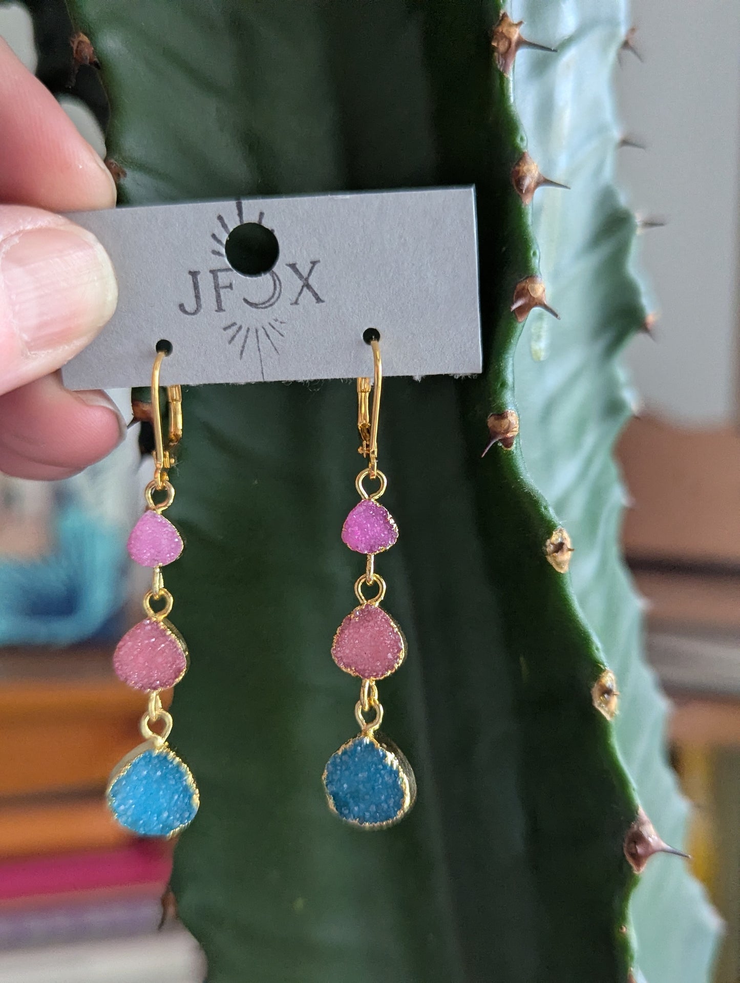 Pink, Blue, Red Druzy Trio Gold Hoop Earrings