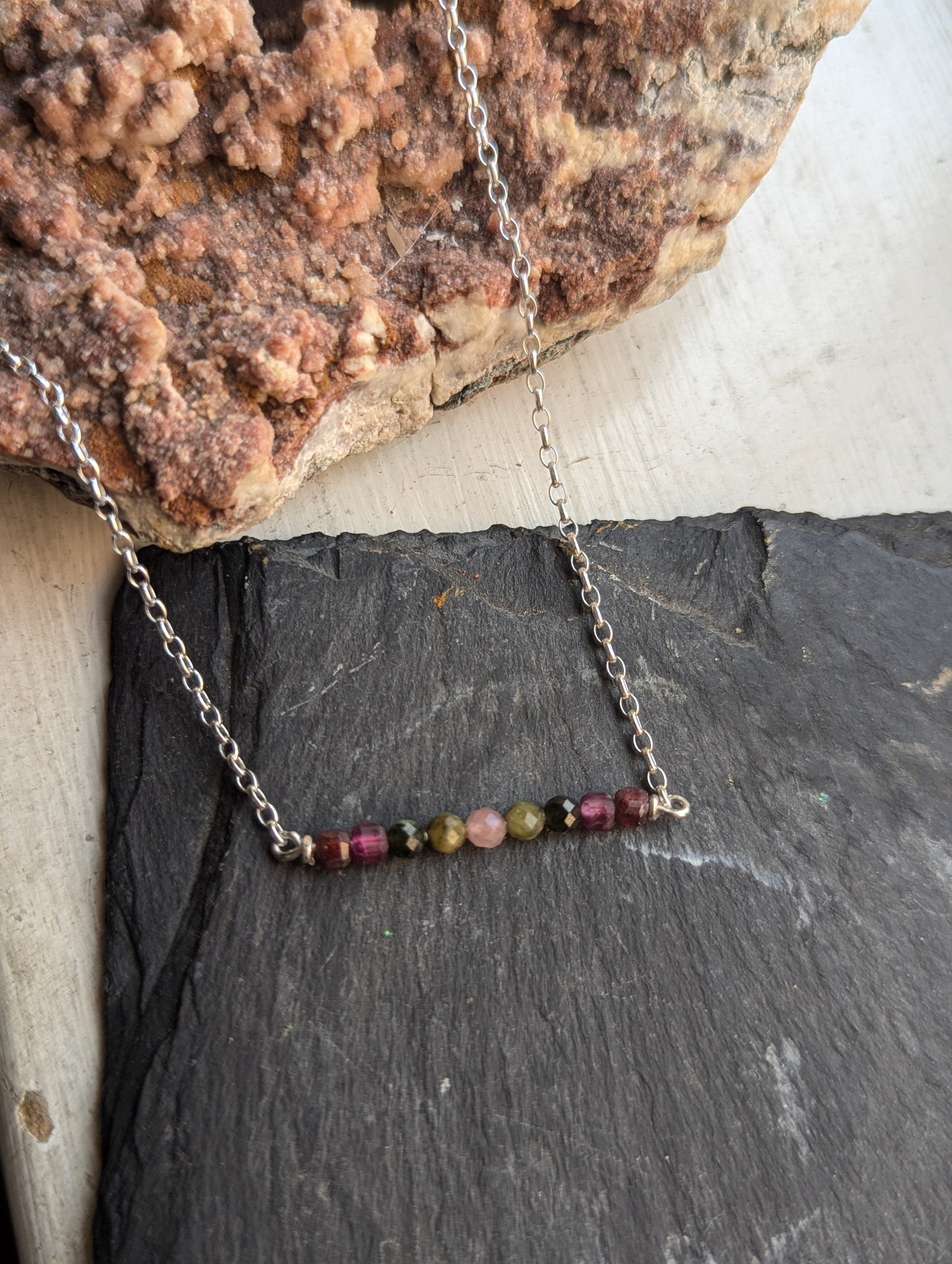 Ruby and Tourmaline Sterling Silver Bar Necklace