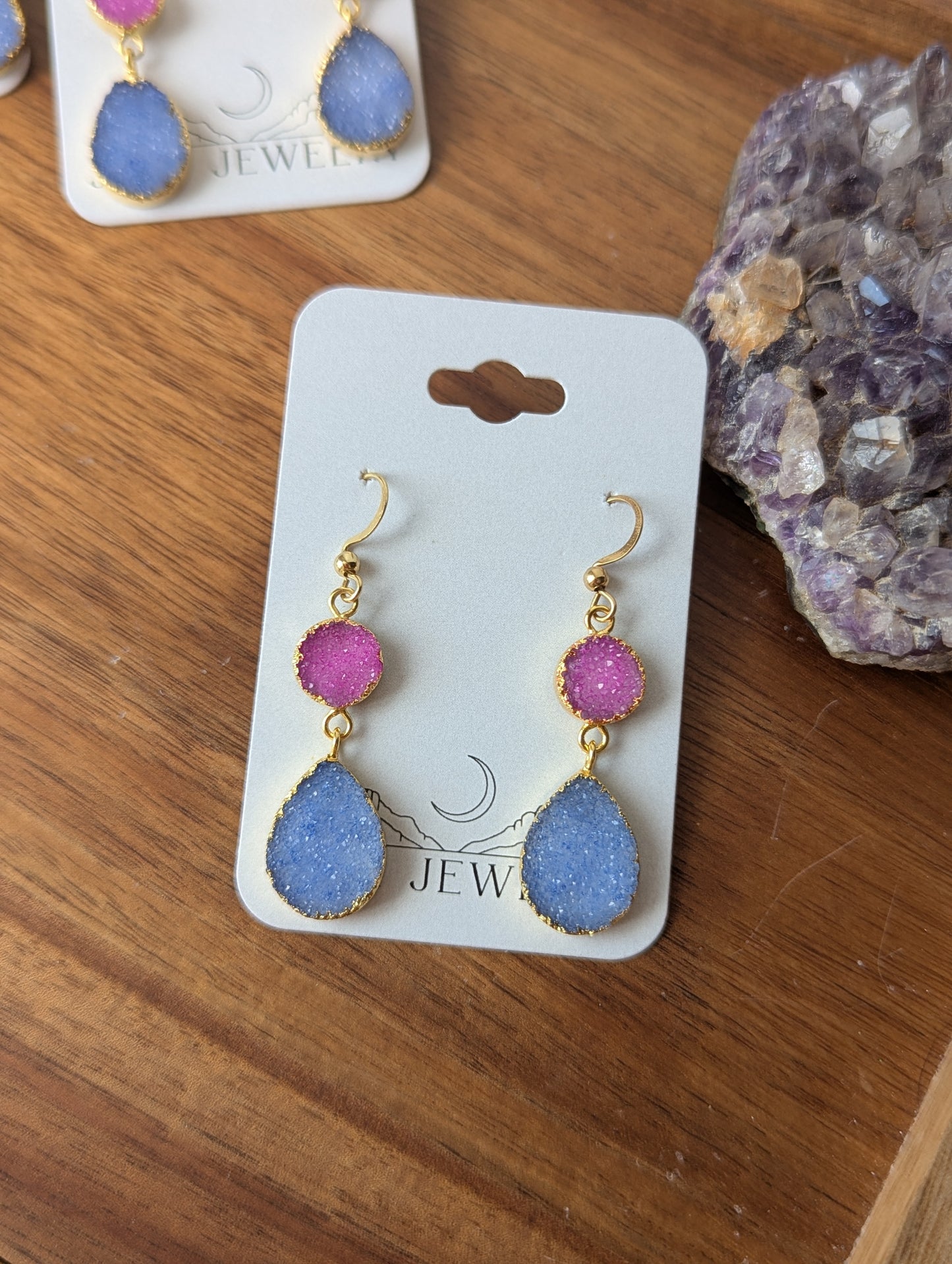 Pink and Purple Druzy Duo Gold Earrings
