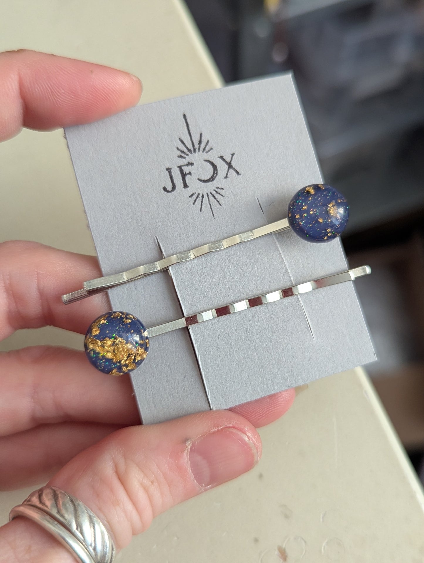 Navy Blue and Gold Fleck Bobby Pin Set of 2