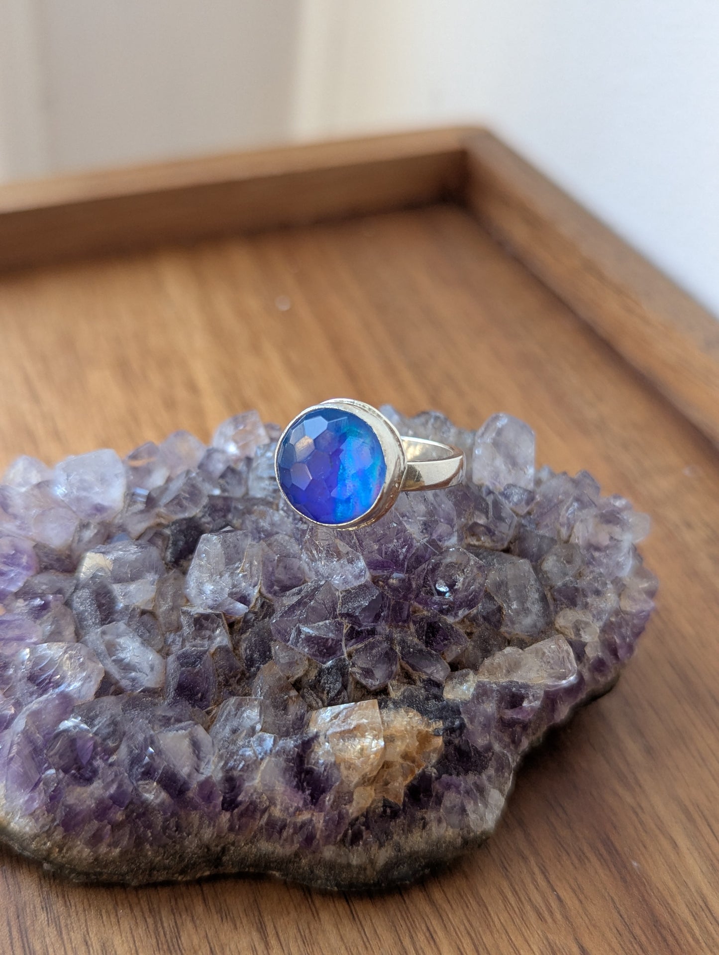Faceted Blue Aurora Opal Round Sterling Ring - Size 8