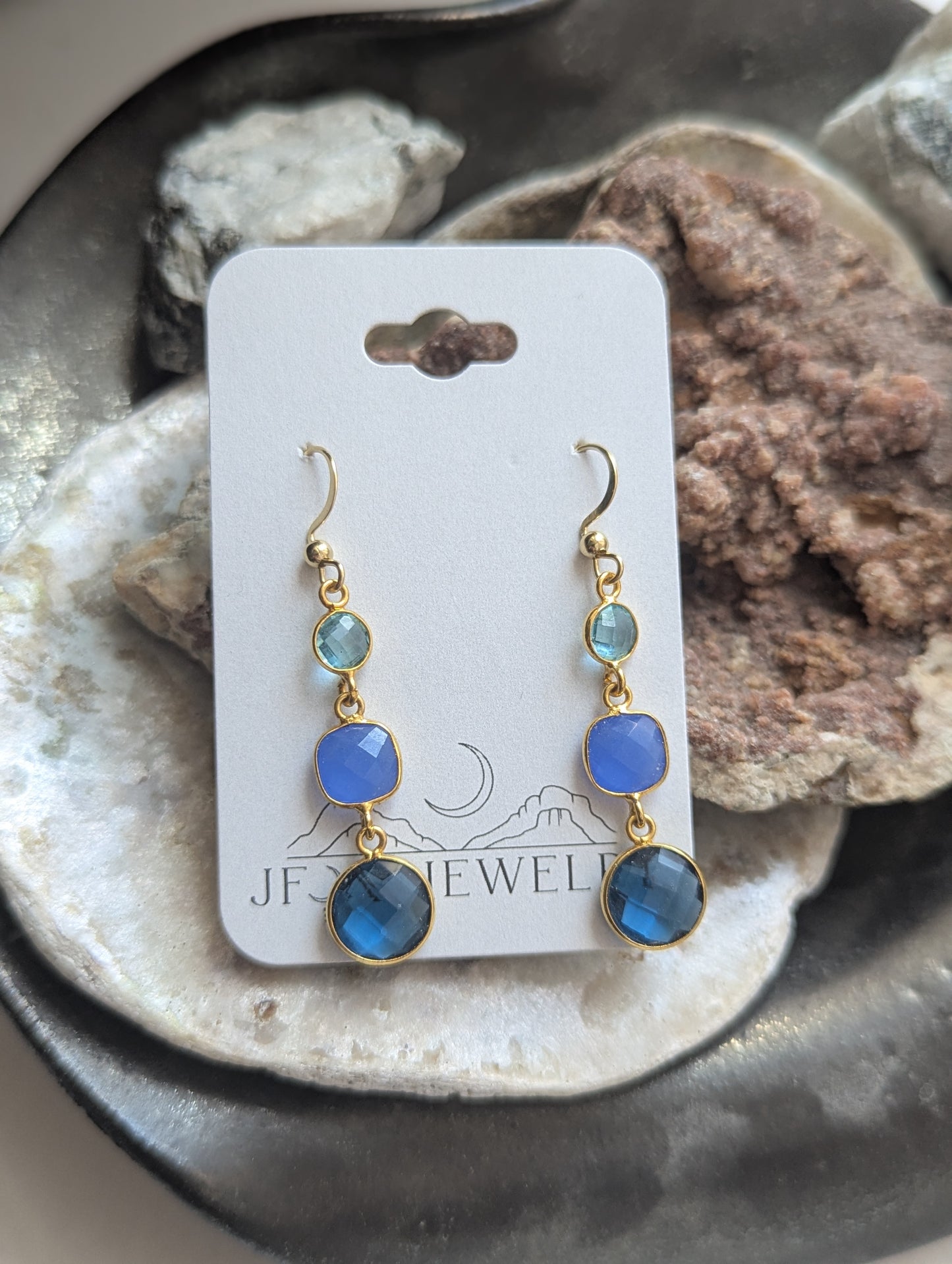 Gradient Blue Crystal Trio Gold Earrings