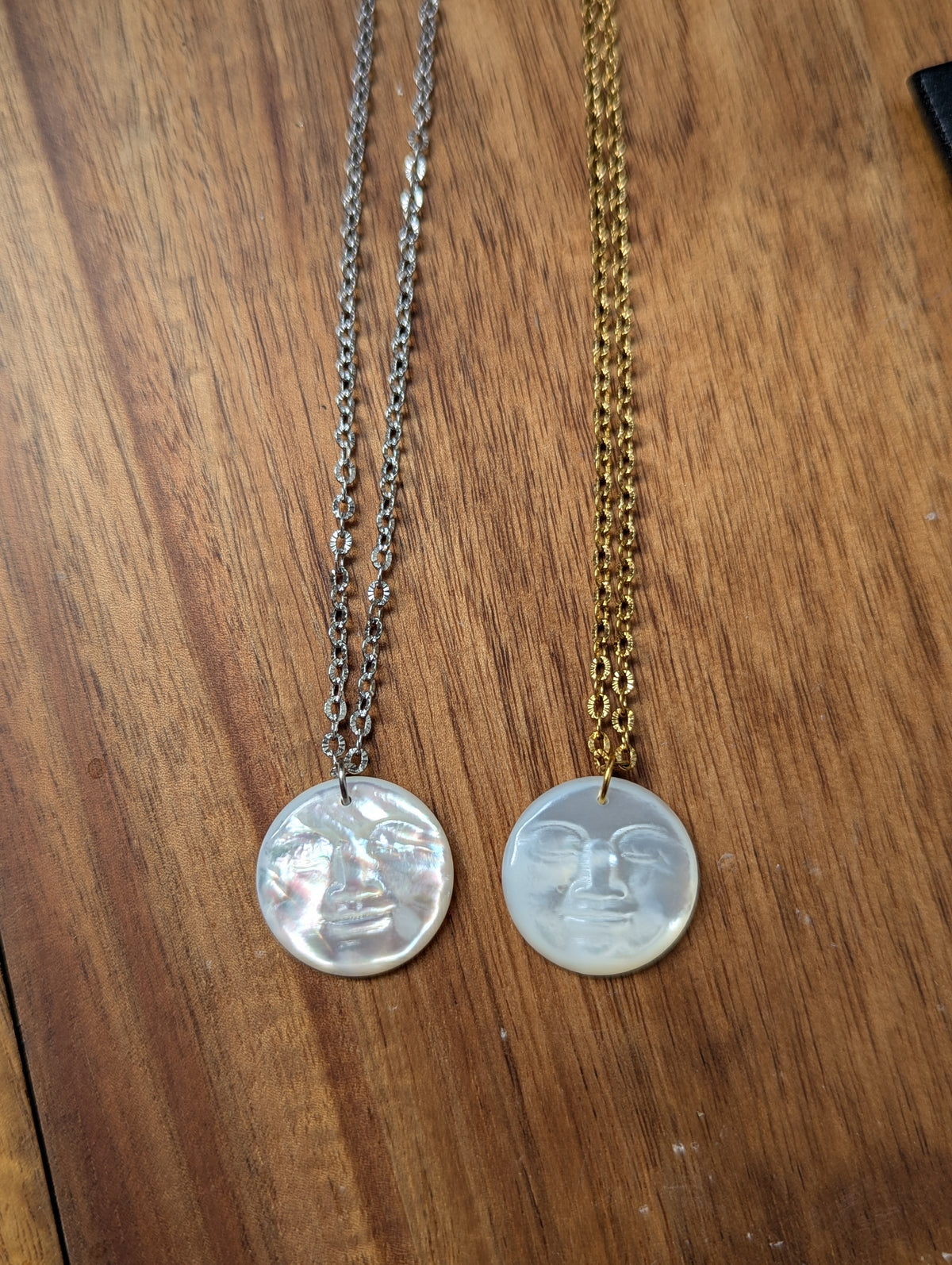 Carved Mother of Pearl Full Moon Necklace (Gold or Silver)