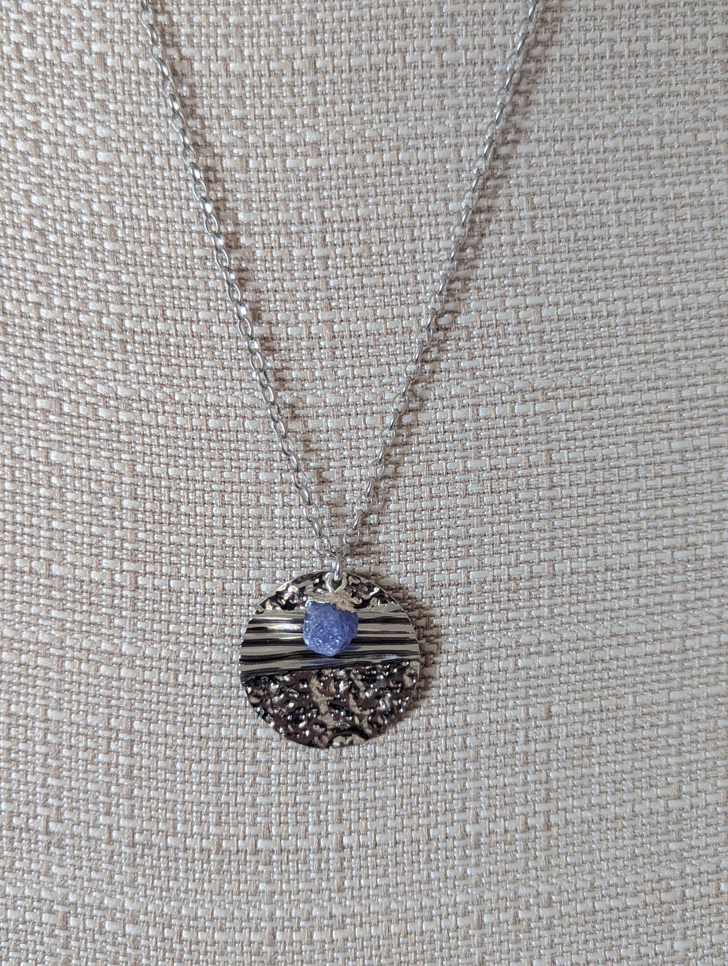 Silver Round Textured Raw Gemstone Silver Necklace