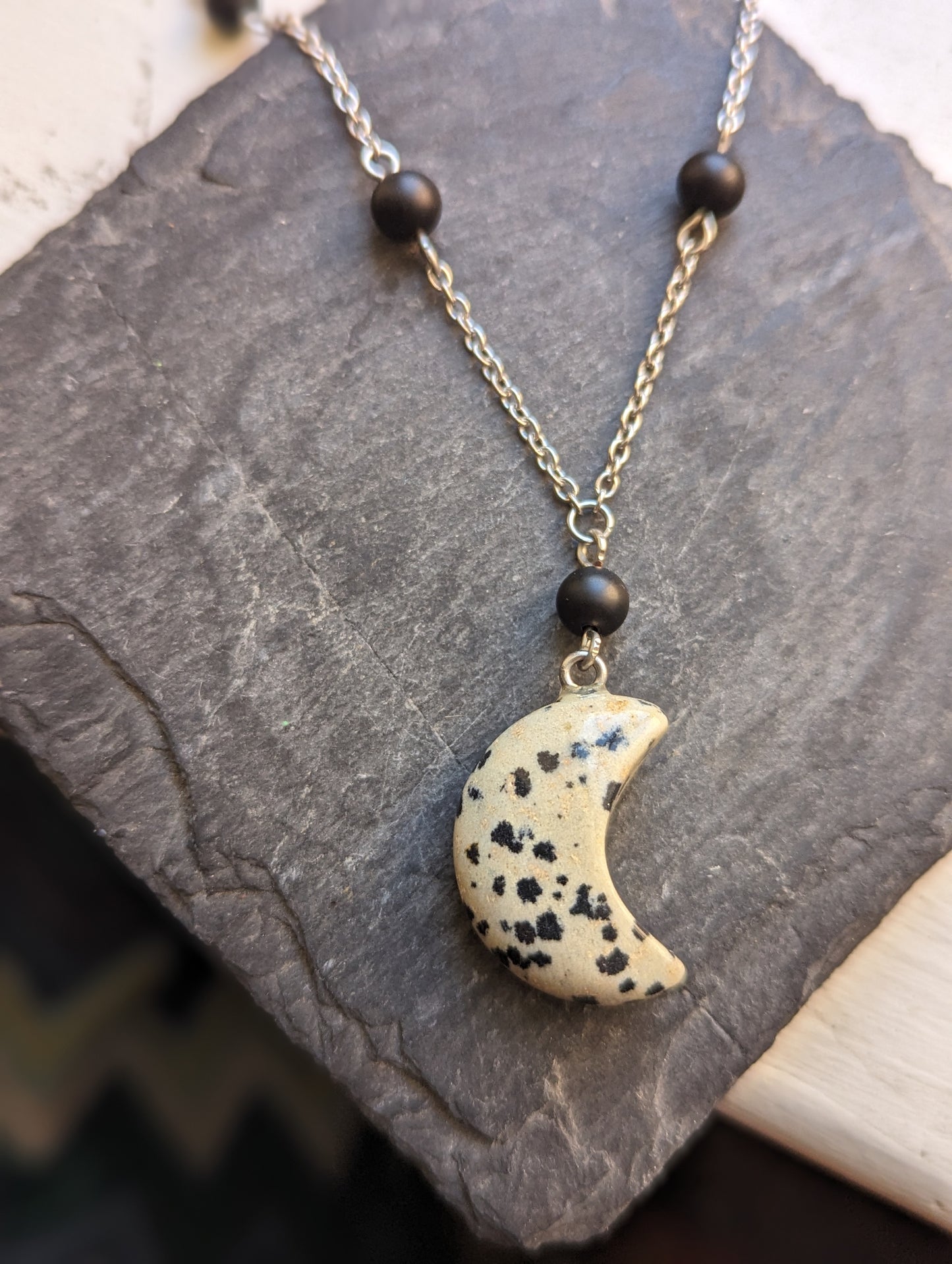 Dalmatian Jasper Crescent Moon and Onyx on Stainless Necklace