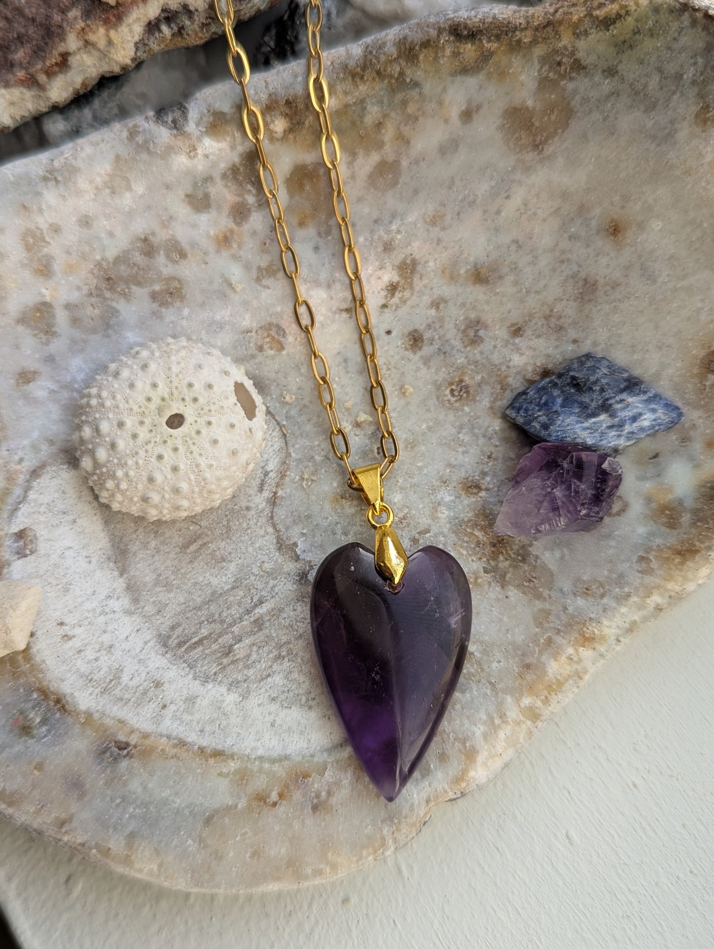 Amethyst Heart Gold Paperclip Necklace