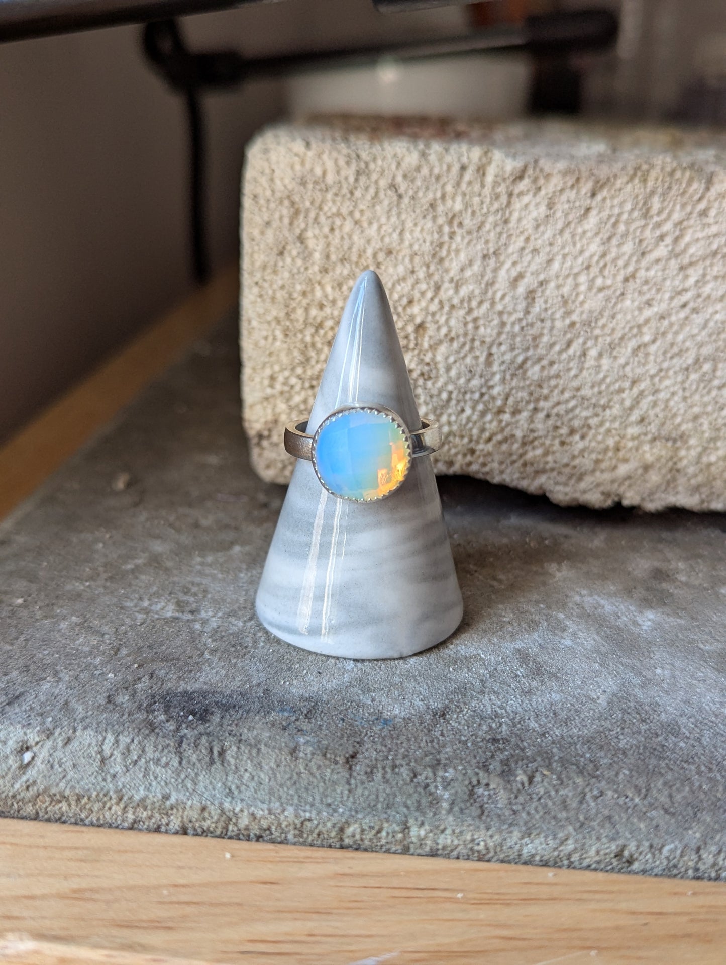 Faceted Opalite Round Silver Ring - Size 8