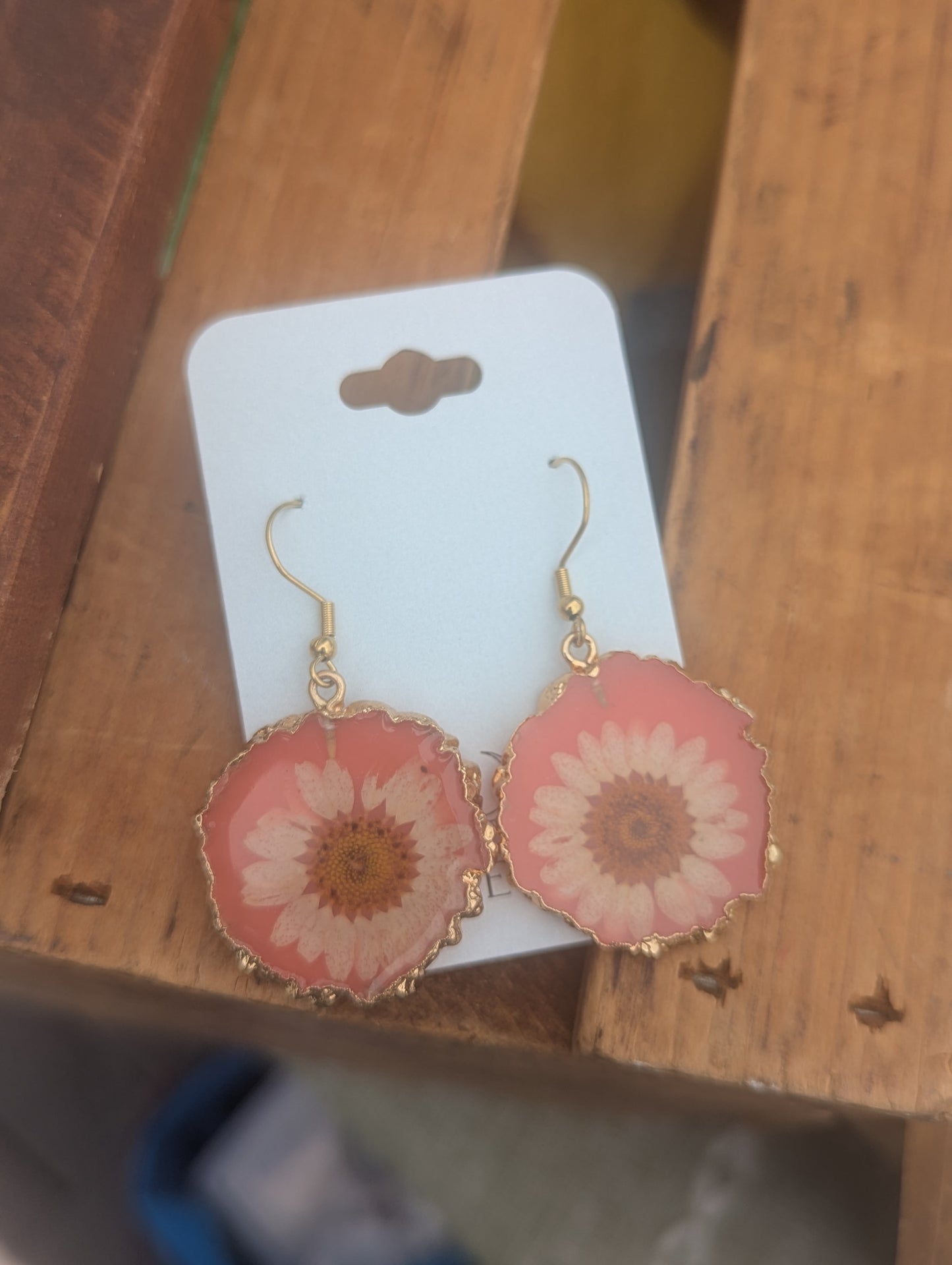 Pink Resin Flower Gold Earrings