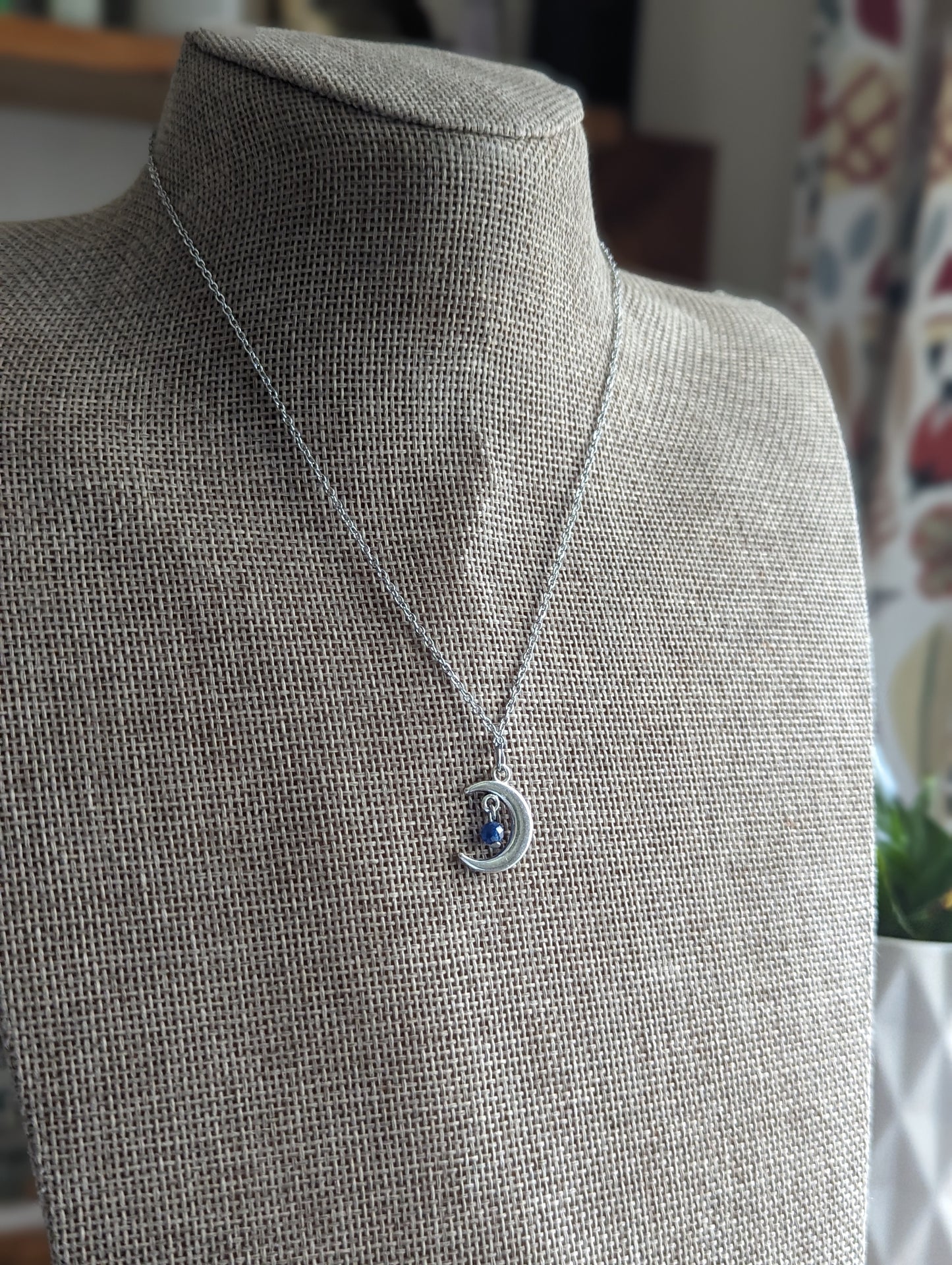 Blue Kyanite Silver Crescent Moon Necklace