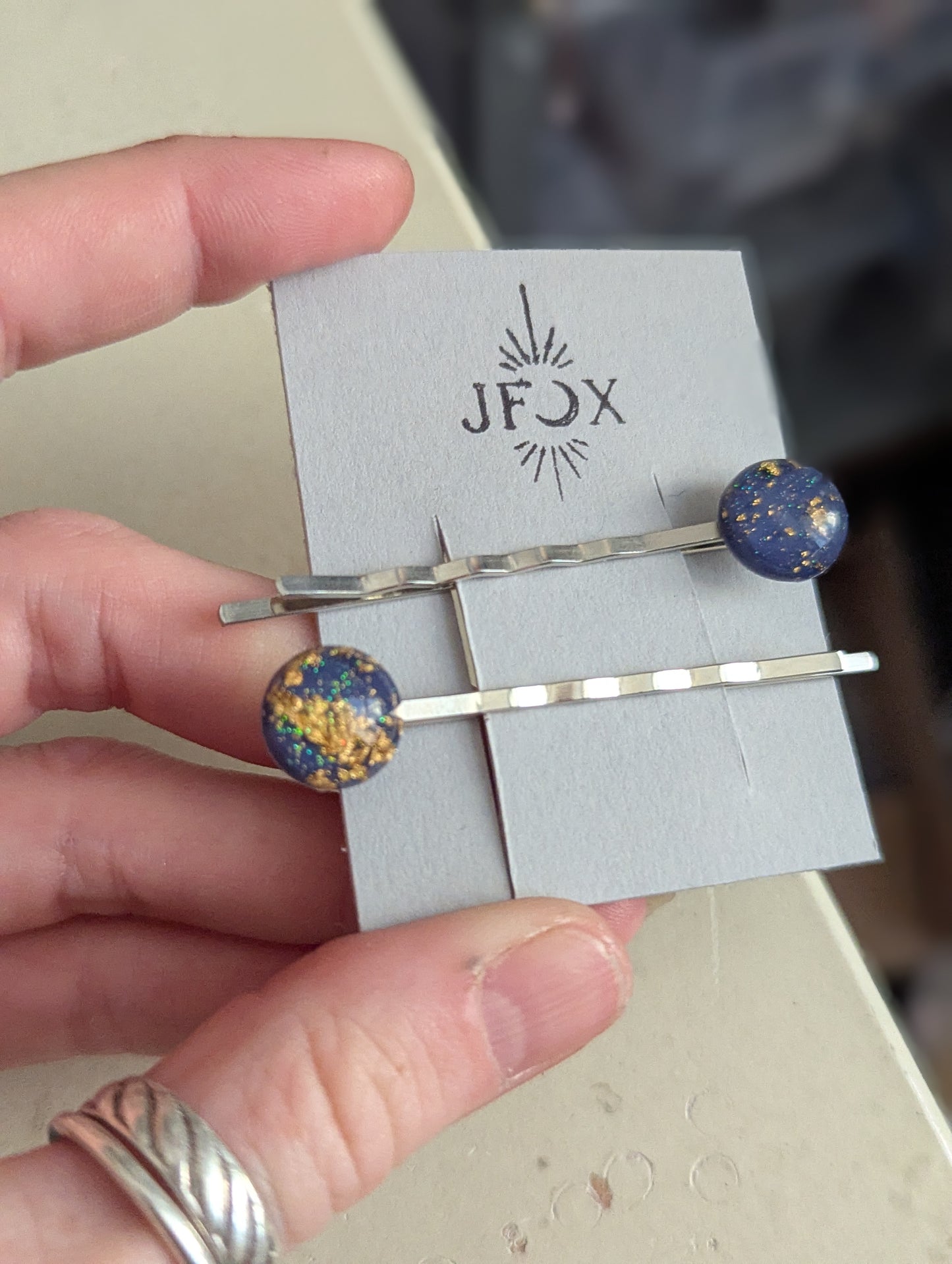 Navy Blue and Gold Fleck Bobby Pin Set of 2