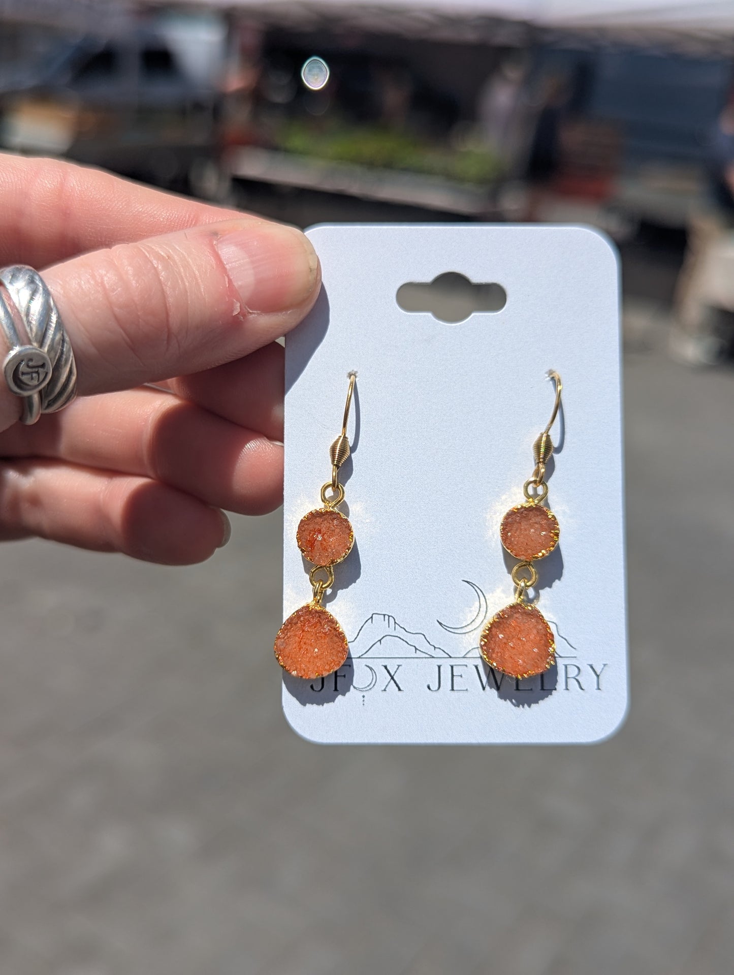Bright Orange Druzy Duo Gold Earrings