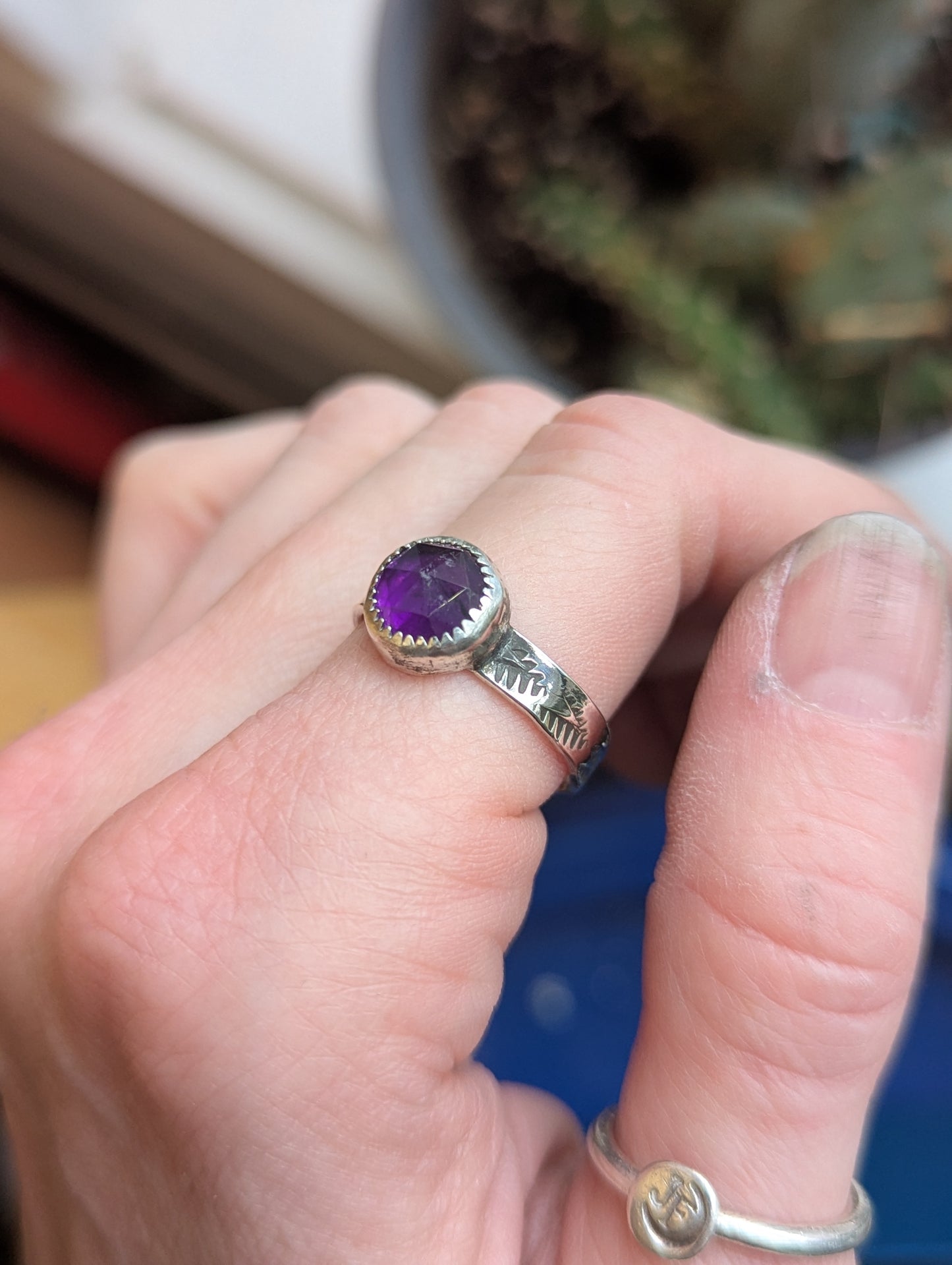 Faceted Round Amethyst Sterling SIlver Ring - Size 8.5
