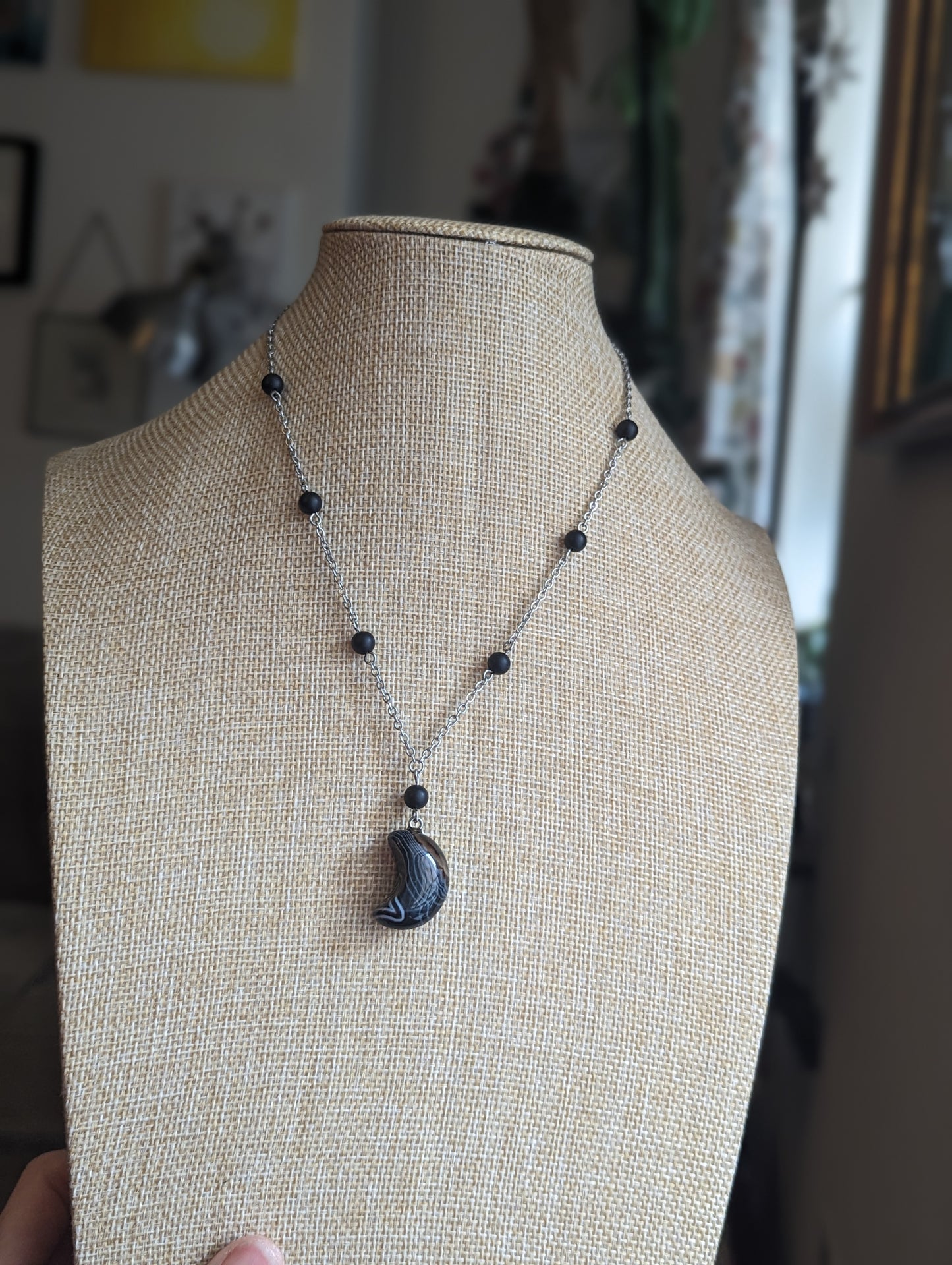Black Agate Crescent Moon and Onyx on Stainless Necklace