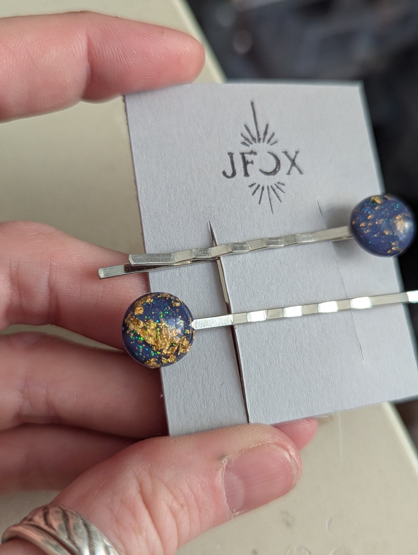 Navy Blue and Gold Fleck Bobby Pin Set of 2