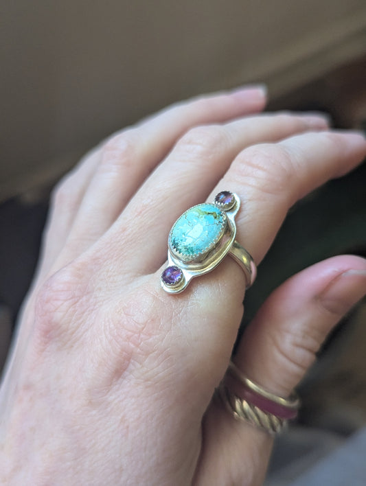 Turquoise and Amethyst Trio Sterling Ring - Size 6