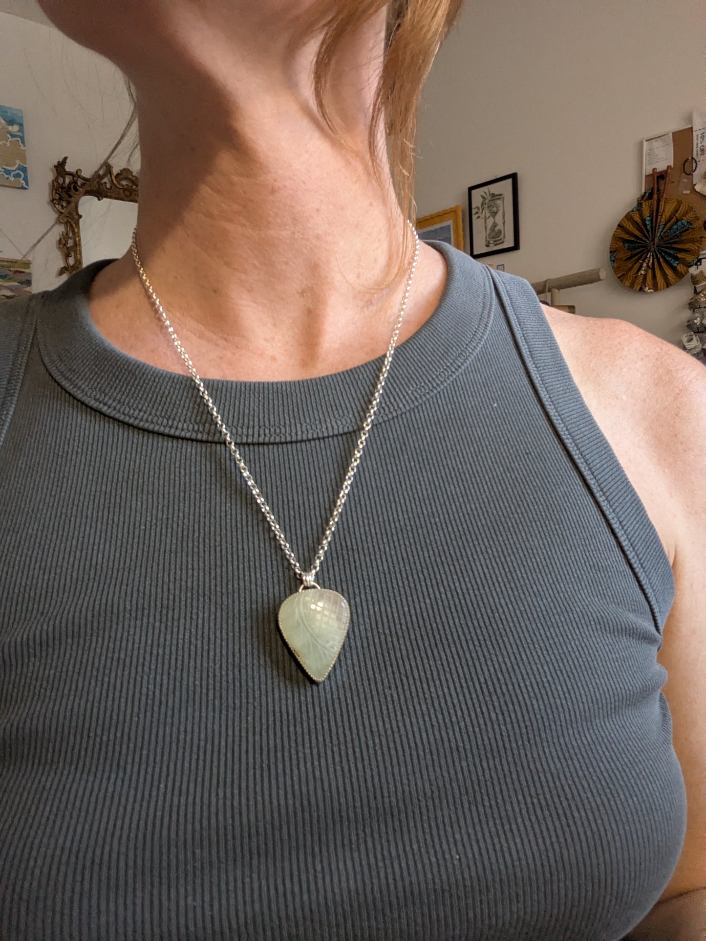 Carved Tropical Light Green Prehnite Sterling Silver Necklace
