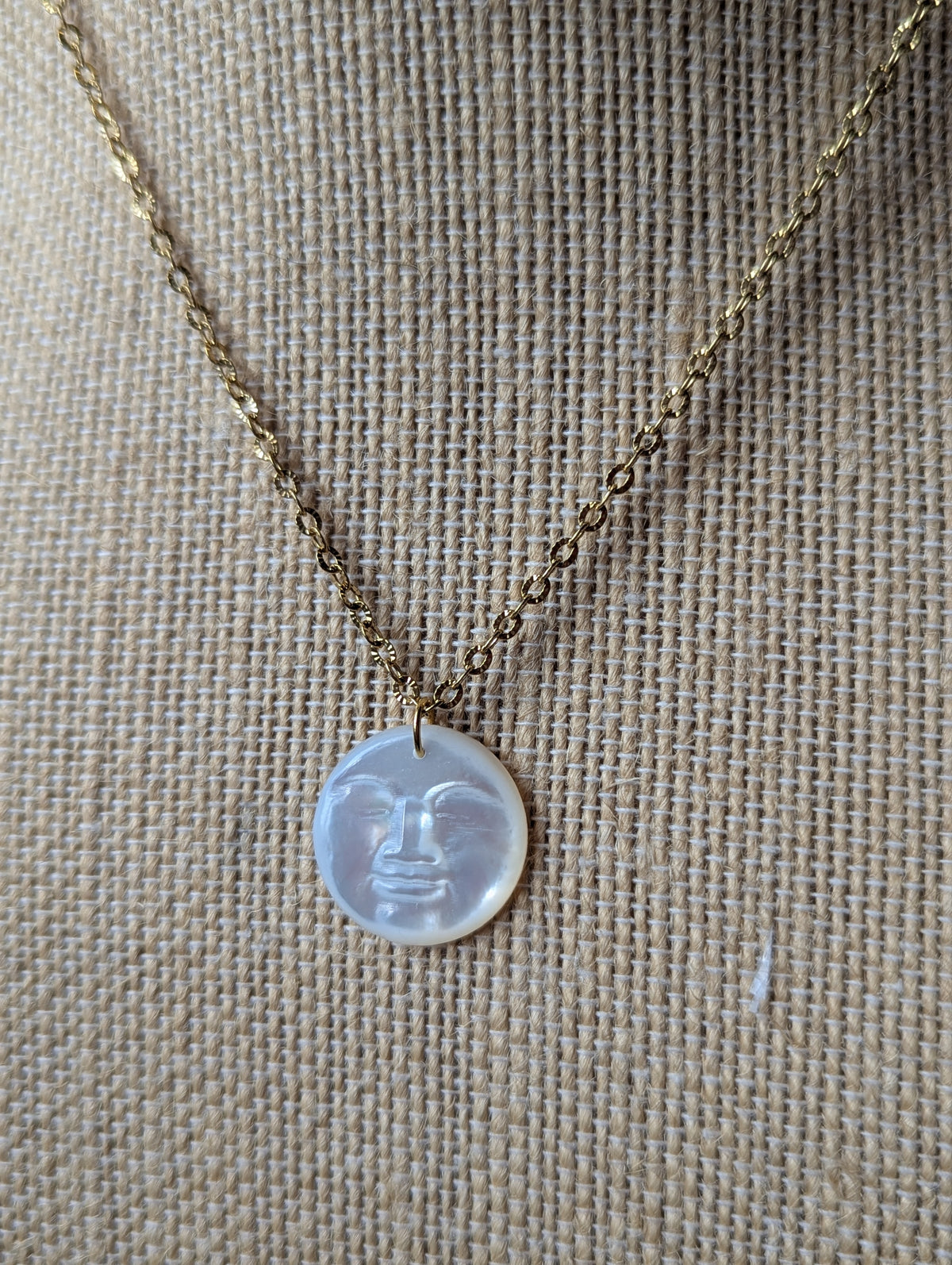 Carved Mother of Pearl Full Moon Necklace (Gold or Silver)