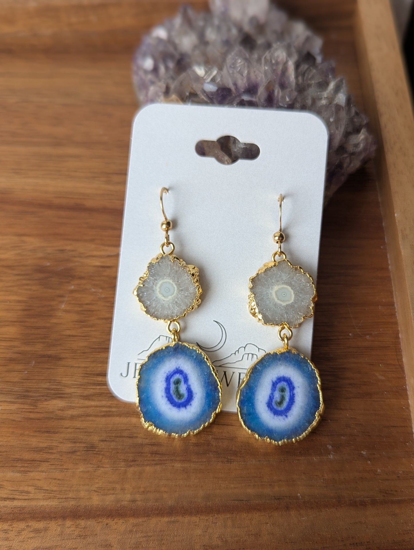 White and Blue Agate Duo Gold Earrings