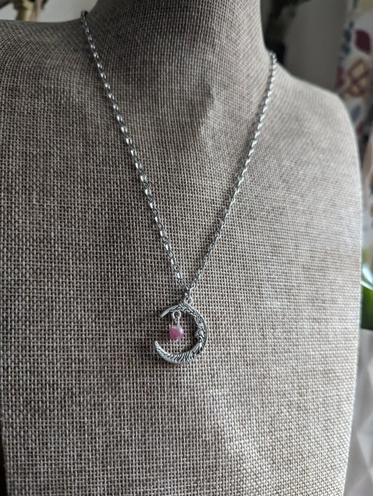 Pink Tourmaline Silver Crescent Moon Necklace