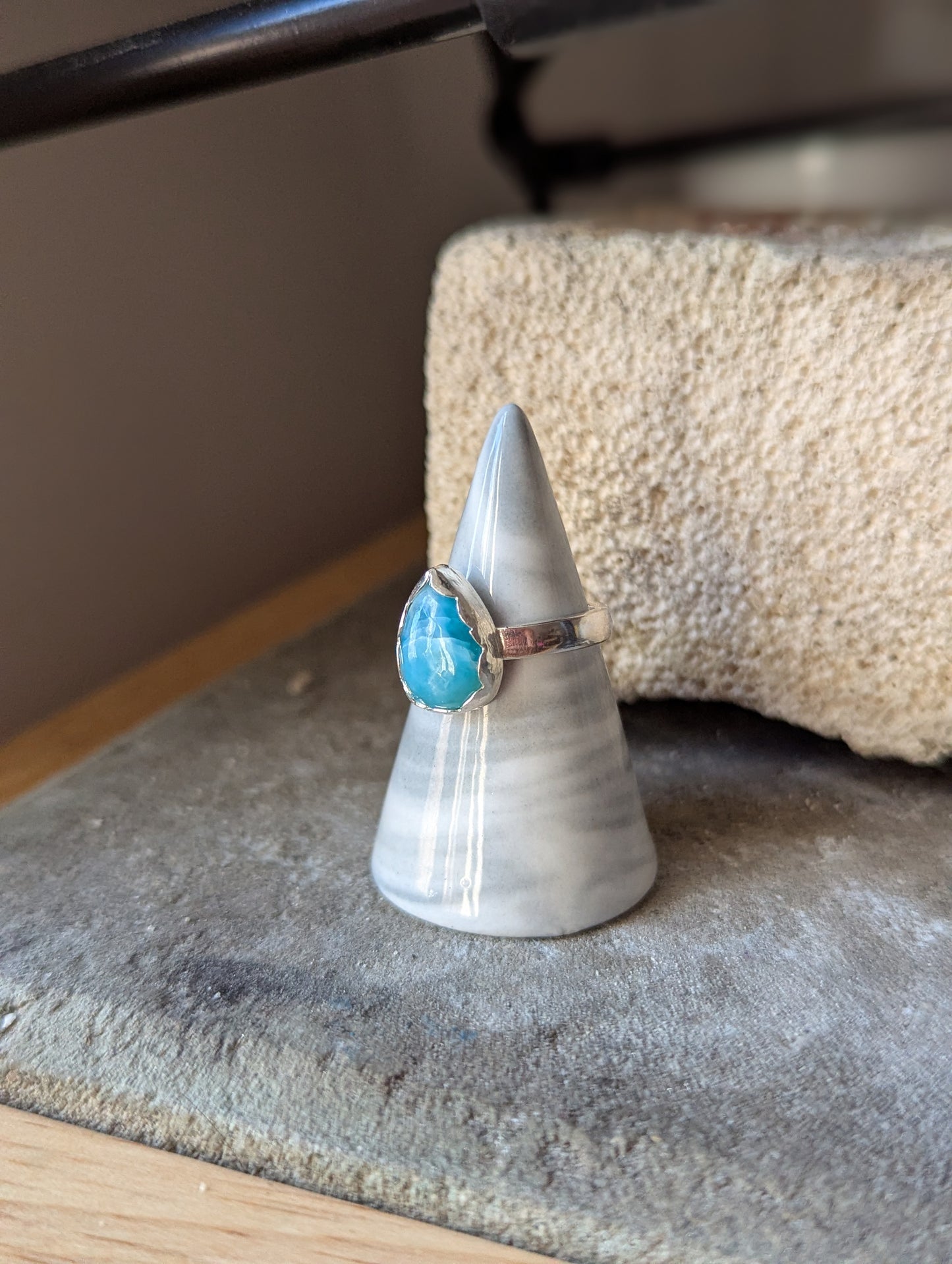 Larimar Tear Drop Sterling Silver Ring - Size 8.5