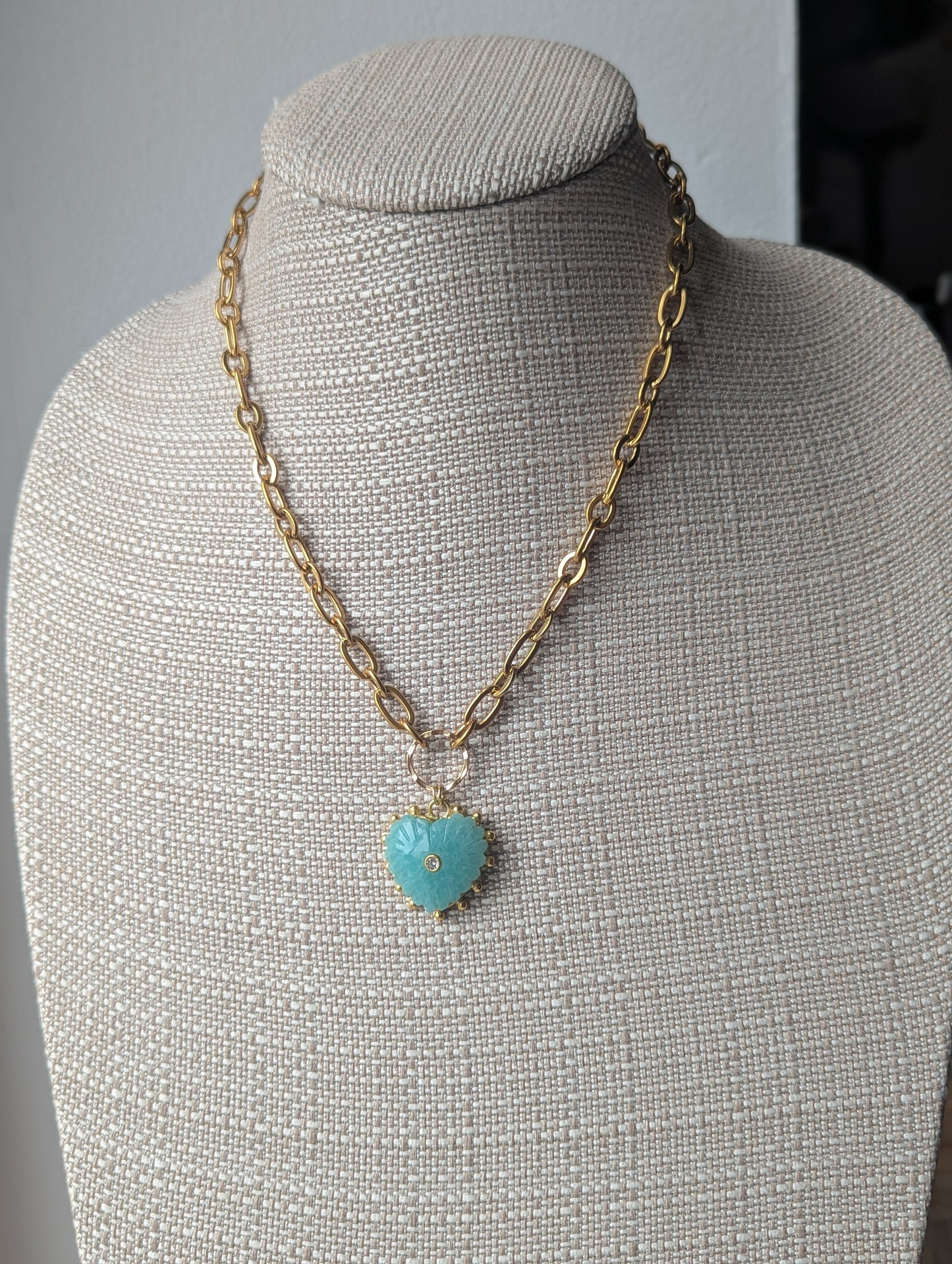 Carved Amazonite Large Heart Chunky Gold Necklace