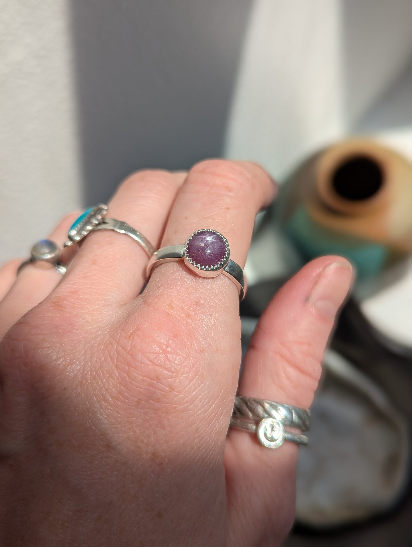 Ruby Star Sapphire Round Sterling Silver Ring - Size 7.5