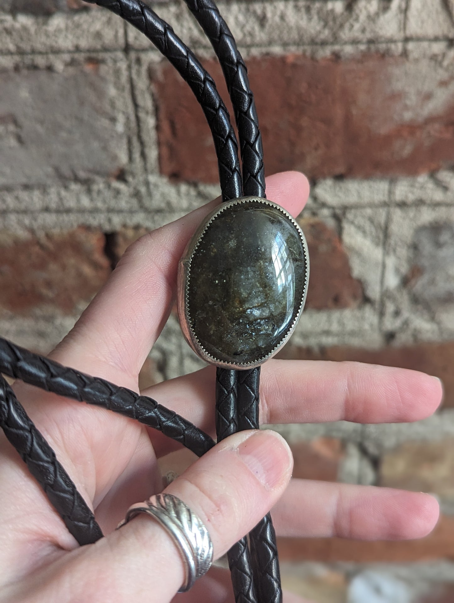 Large Labradorite Black Leather Bolo Tie (discounted)