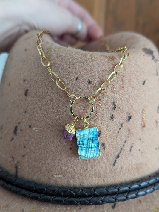 Labradorite and Pink Tourmaline Gold Necklace