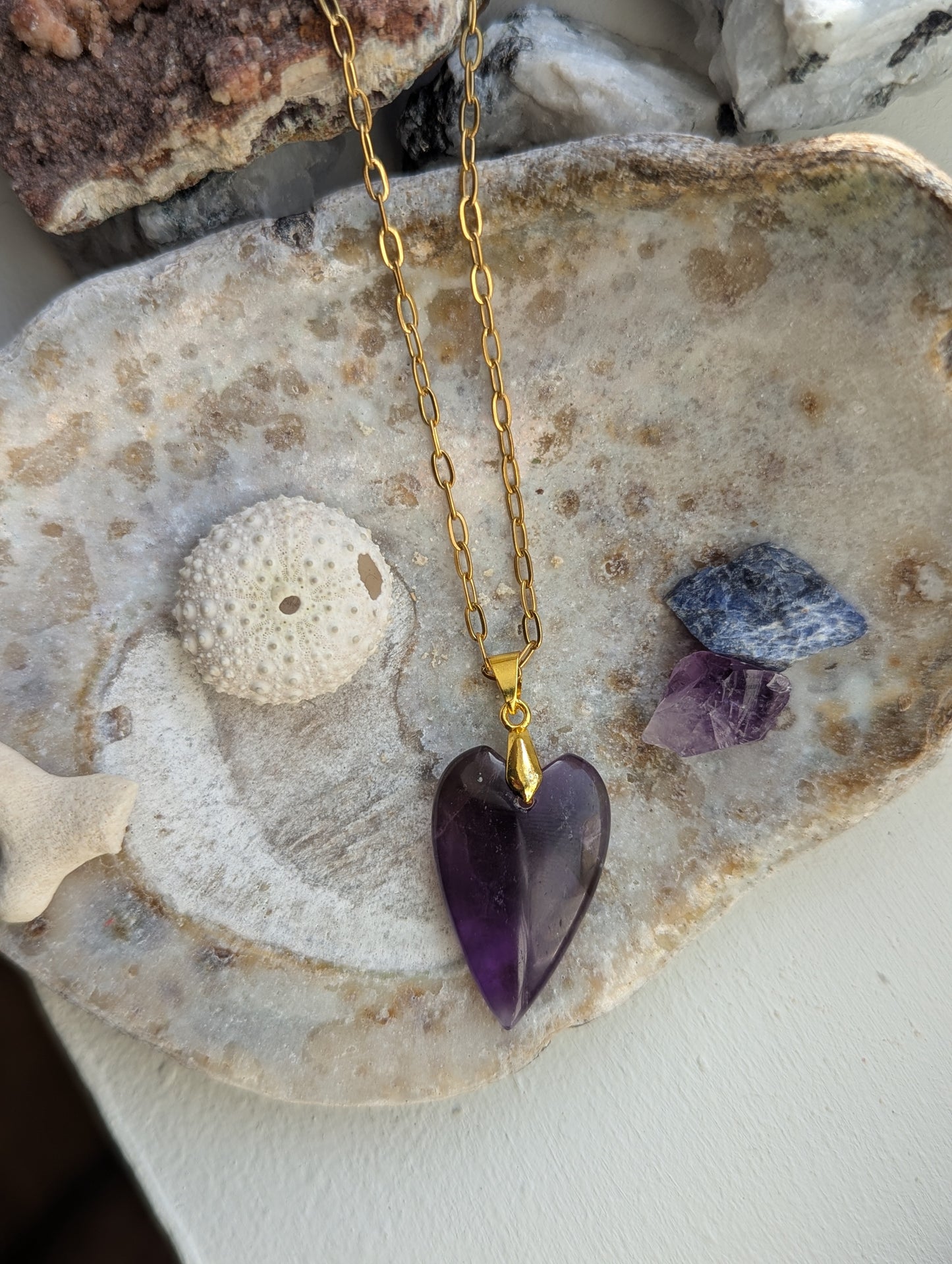 Amethyst Heart Gold Paperclip Necklace
