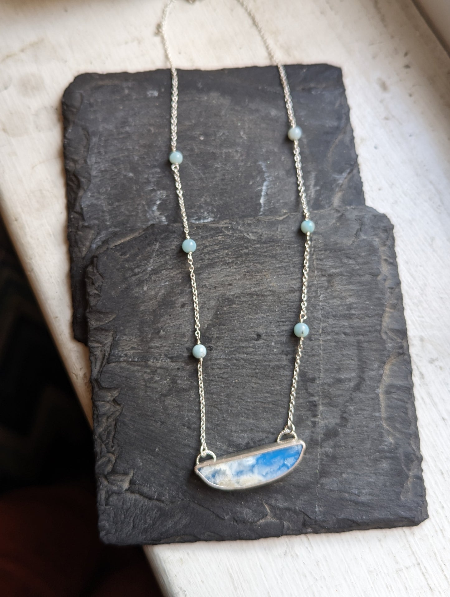 Blue Sky Half Moon Beaded Sterling Silver Necklace