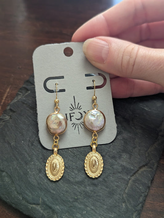 Pink Freshwater Pearl and Gold Concho Earrings