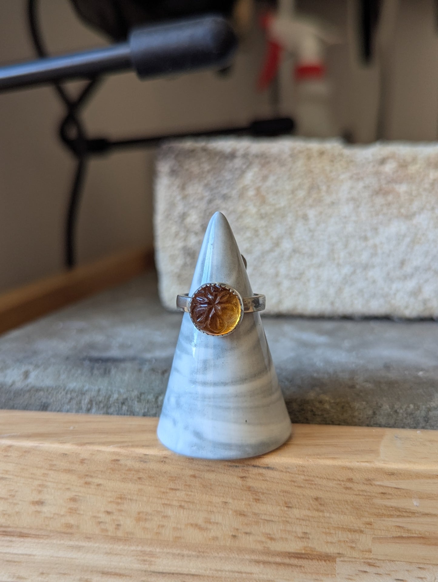 Citrine Carved Floral Silver Ring - Size 5.5