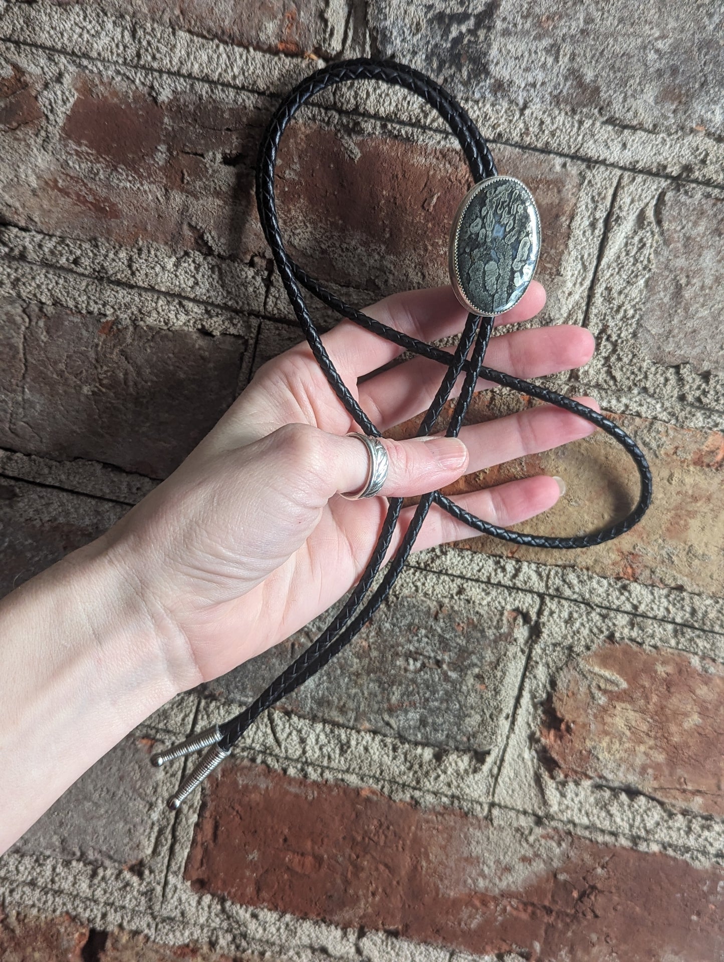 Marcasite Oval Black Leather Bolo Tie