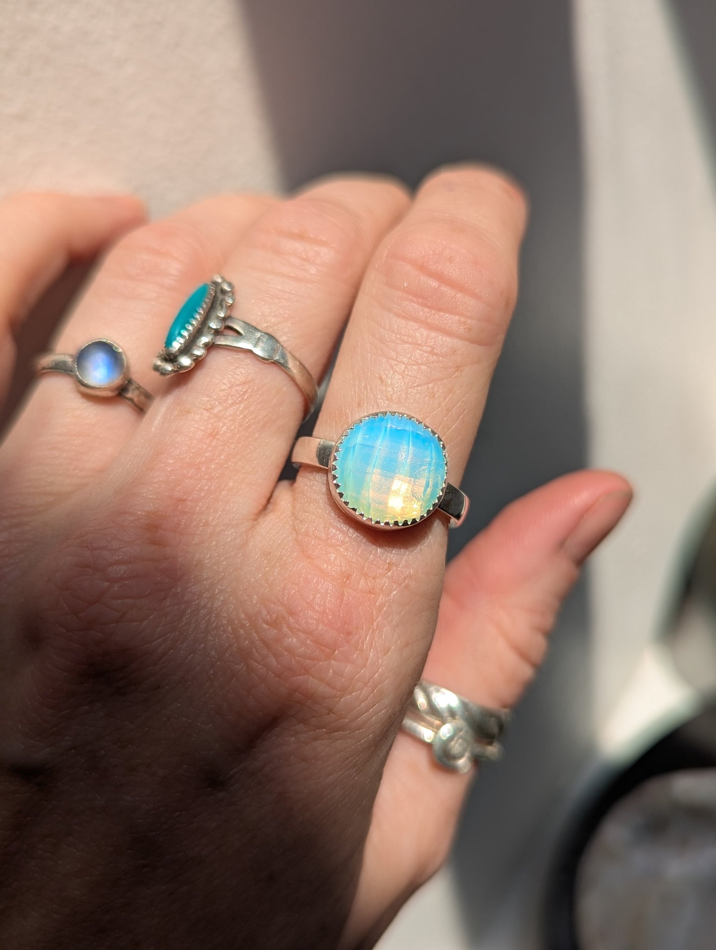 Faceted Opalite Round Silver Ring - Size 8