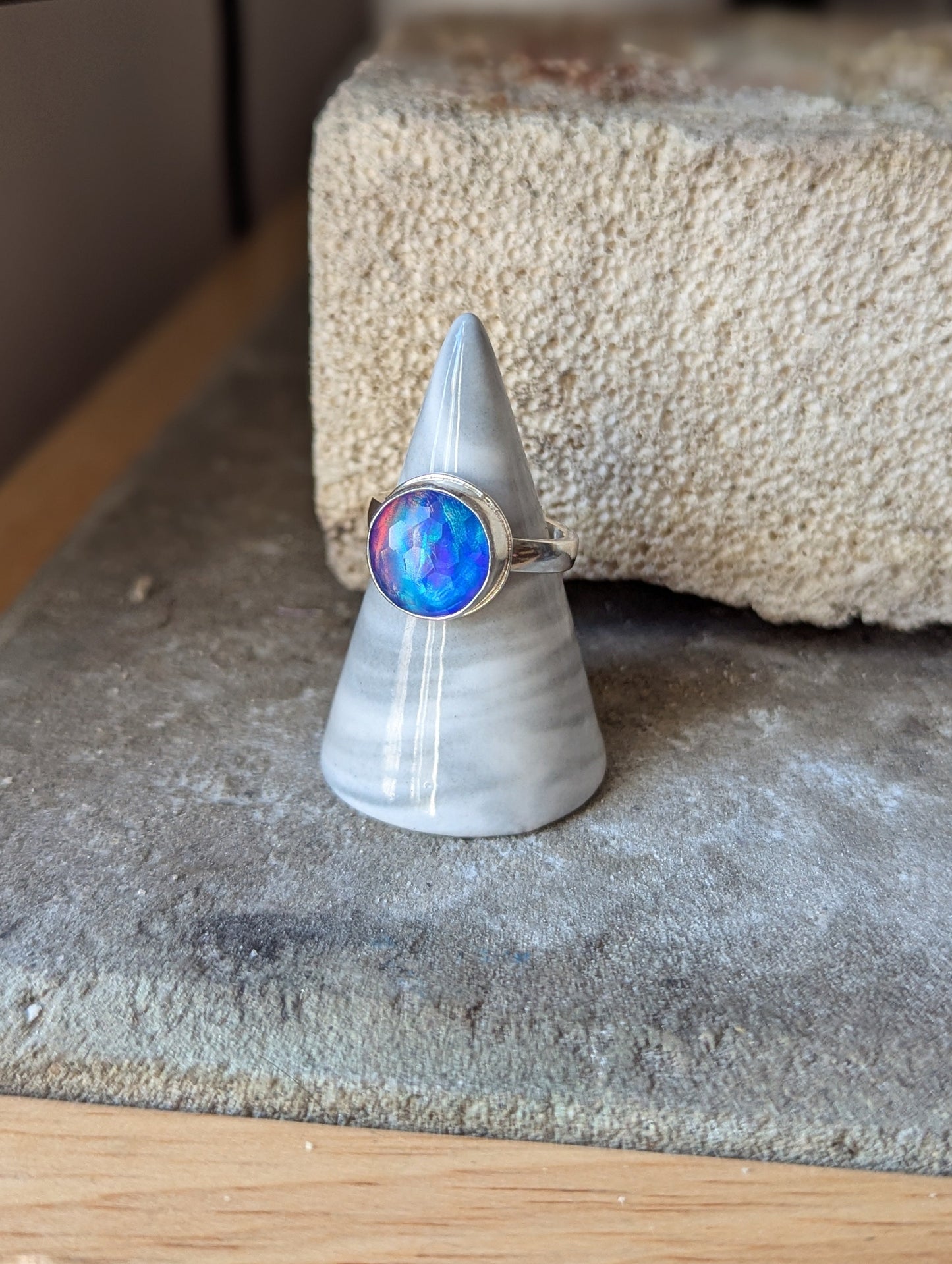 Faceted Blue Aurora Opal Round Sterling Ring - Size 8