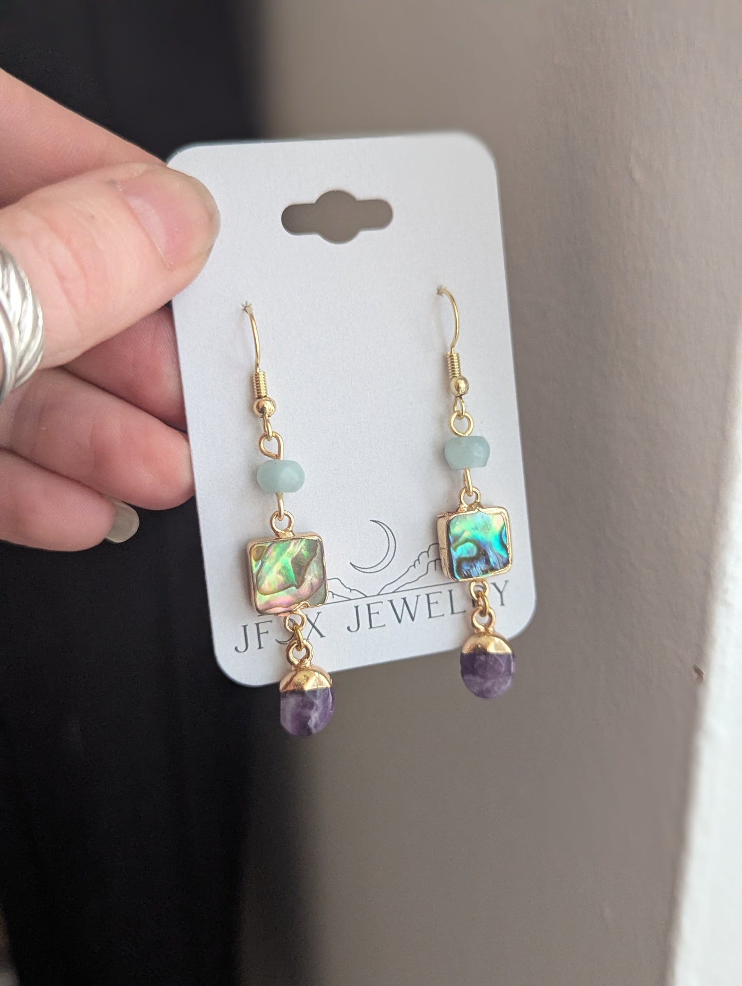 Aquamarine, Abalone, Amethyst Trio Earrings