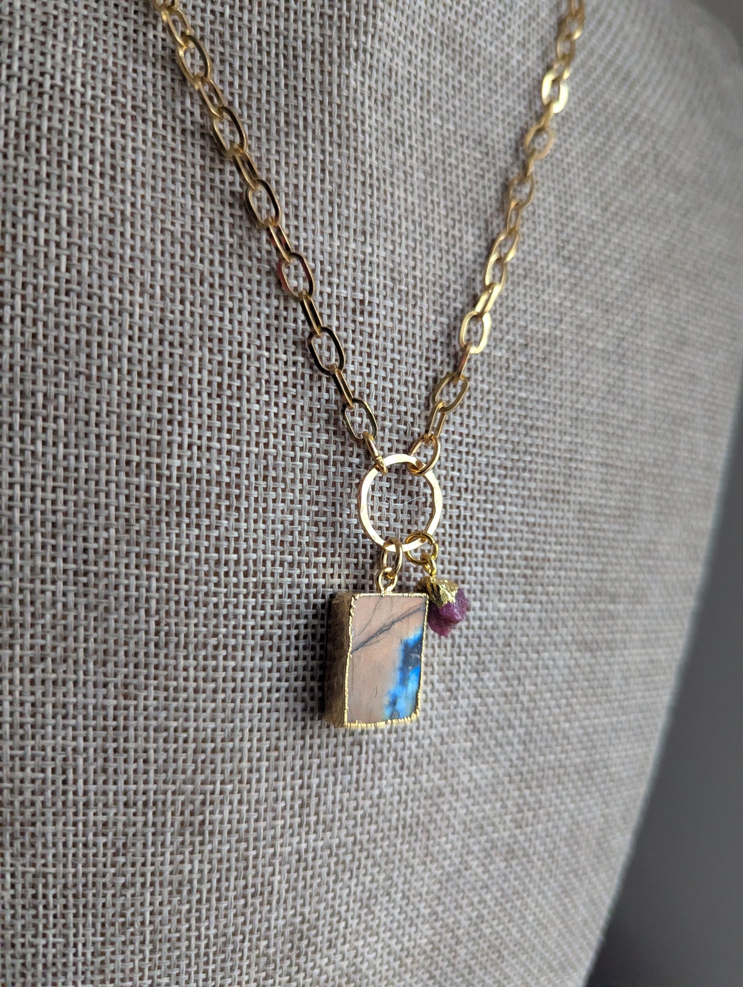 Labradorite and Pink Tourmaline Gold Necklace
