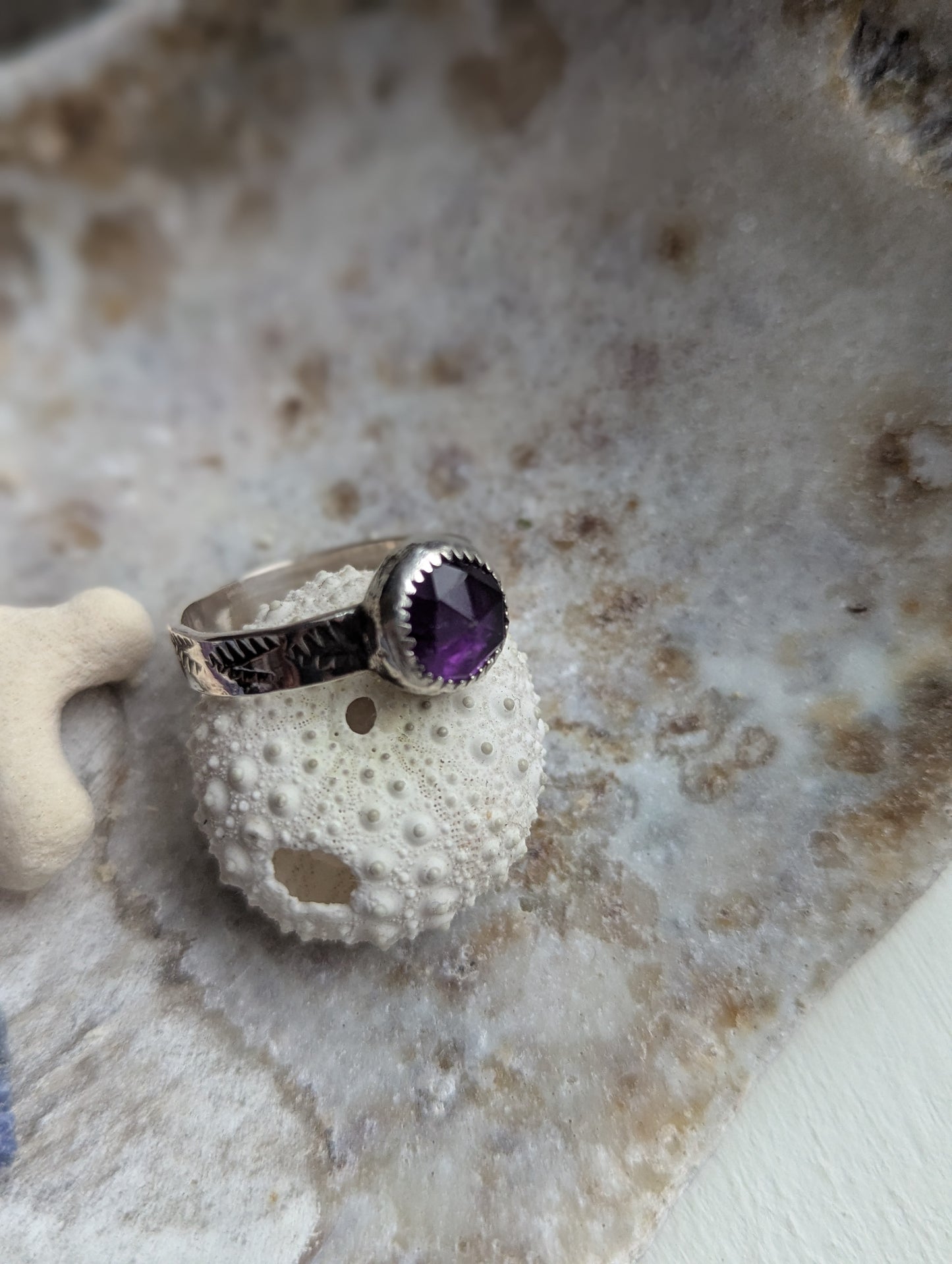 Faceted Round Amethyst Sterling SIlver Ring - Size 8.5