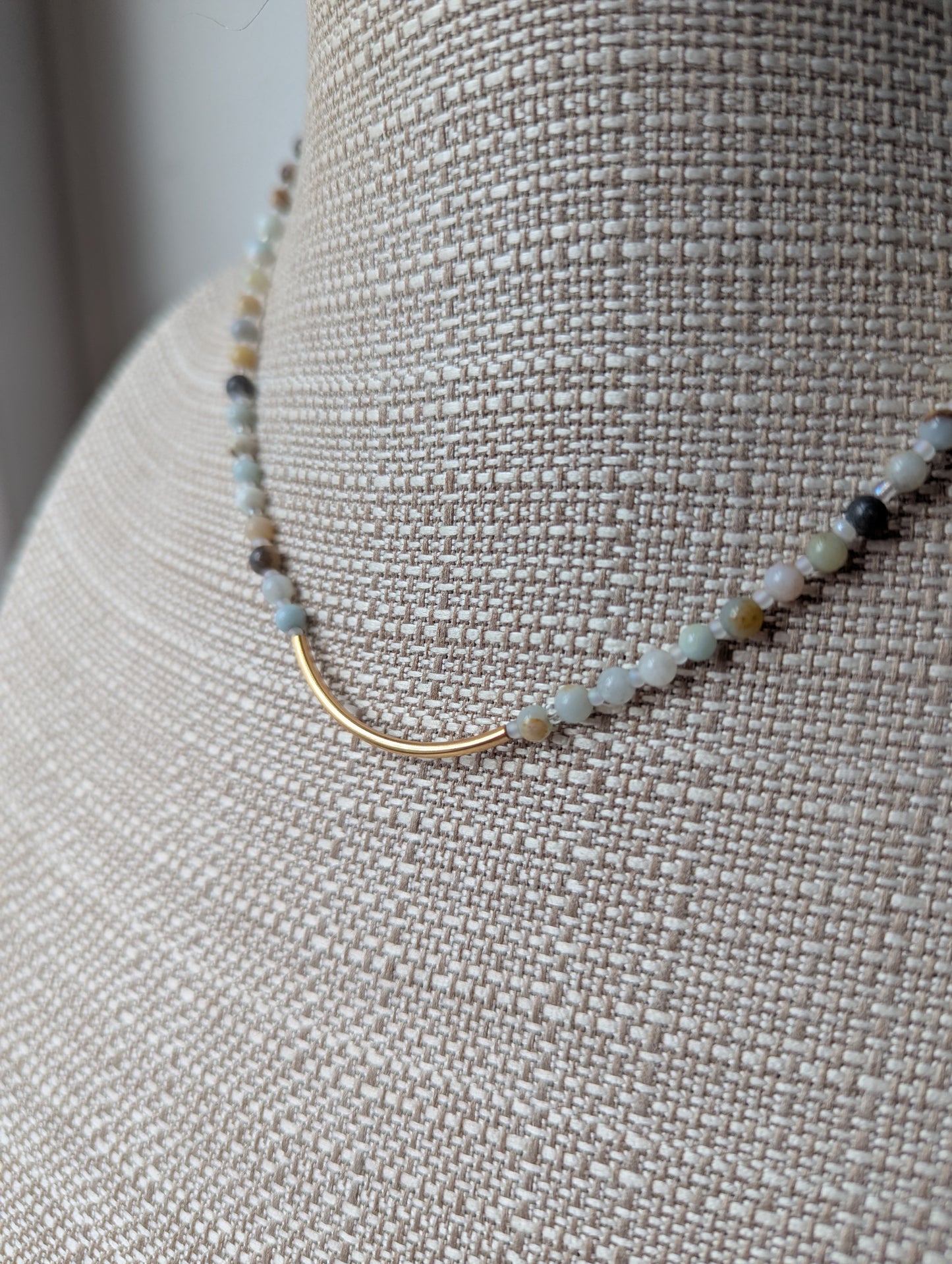 Amazonite Curved Bar Beaded Necklace (silver or gold)