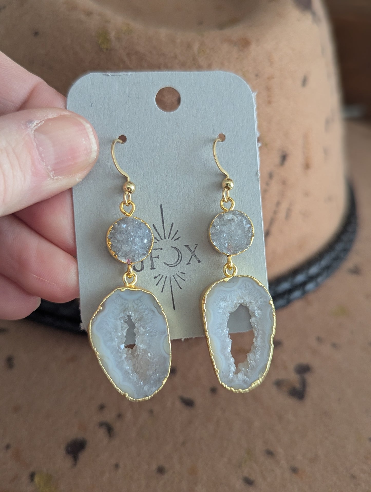 White Druzy and Agate Gold Earrings