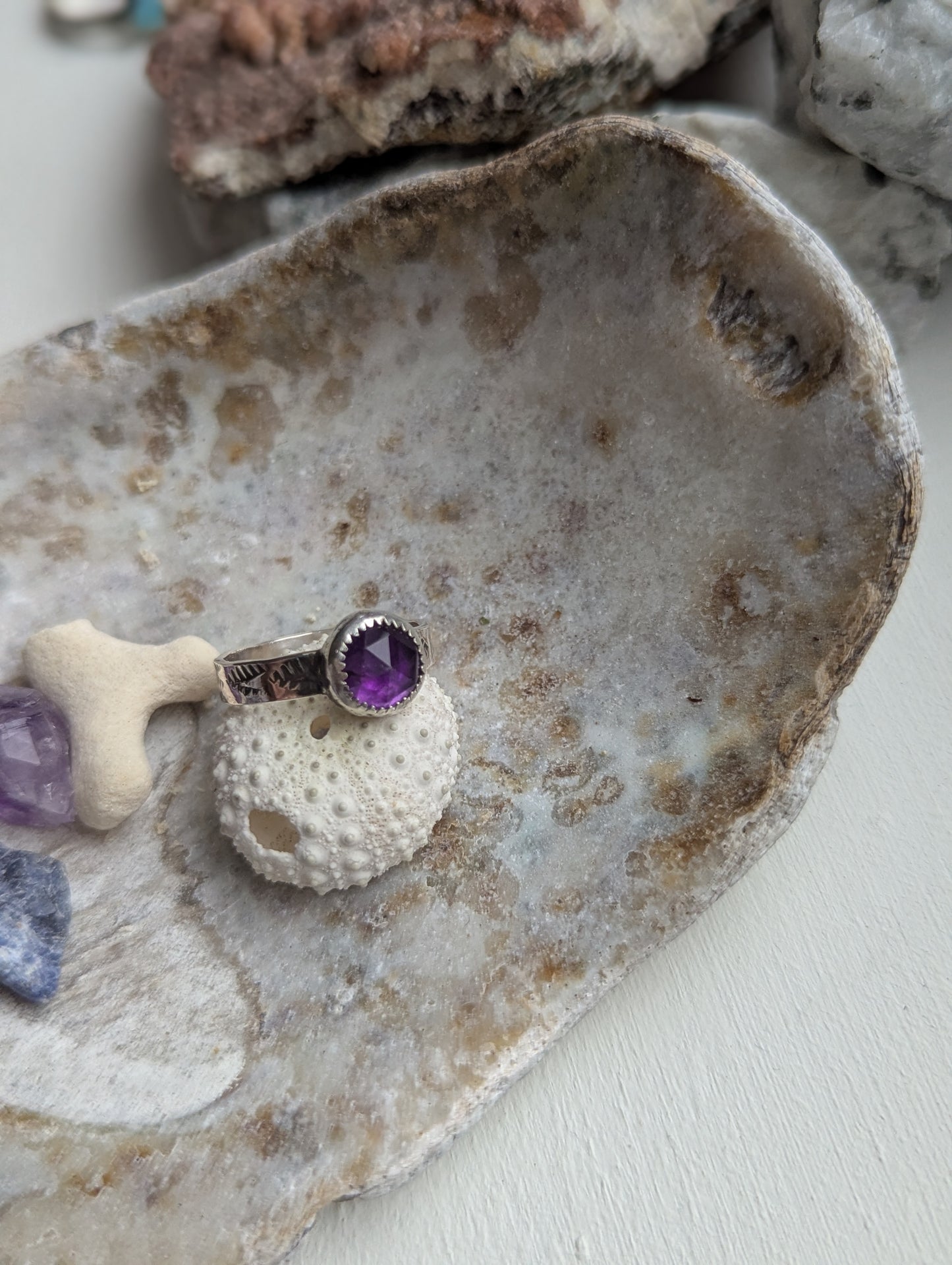 Faceted Round Amethyst Sterling SIlver Ring - Size 8.5