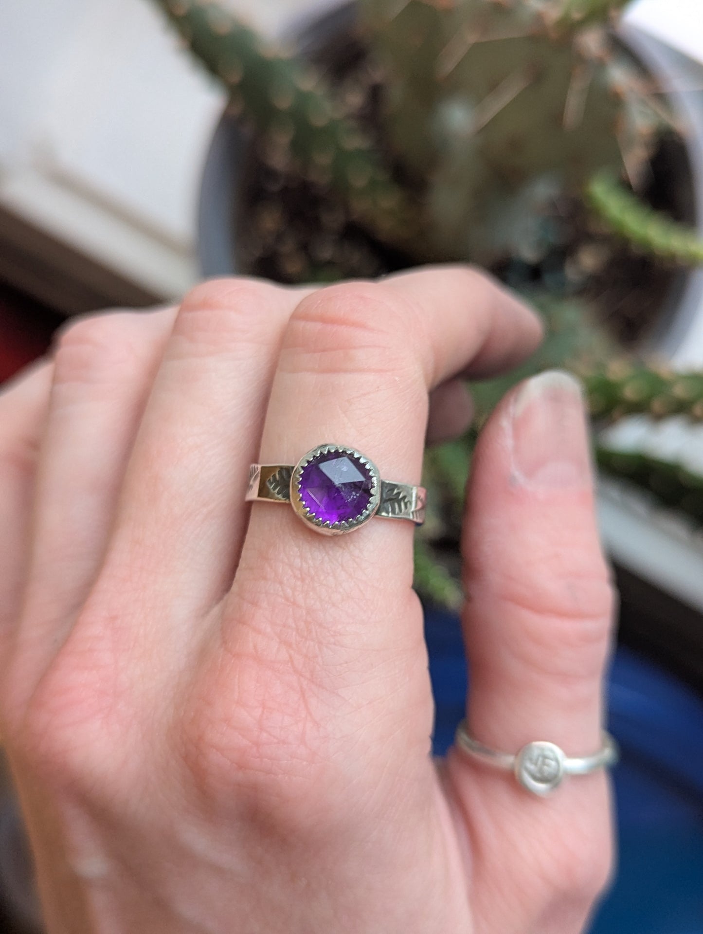 Faceted Round Amethyst Sterling SIlver Ring - Size 8.5