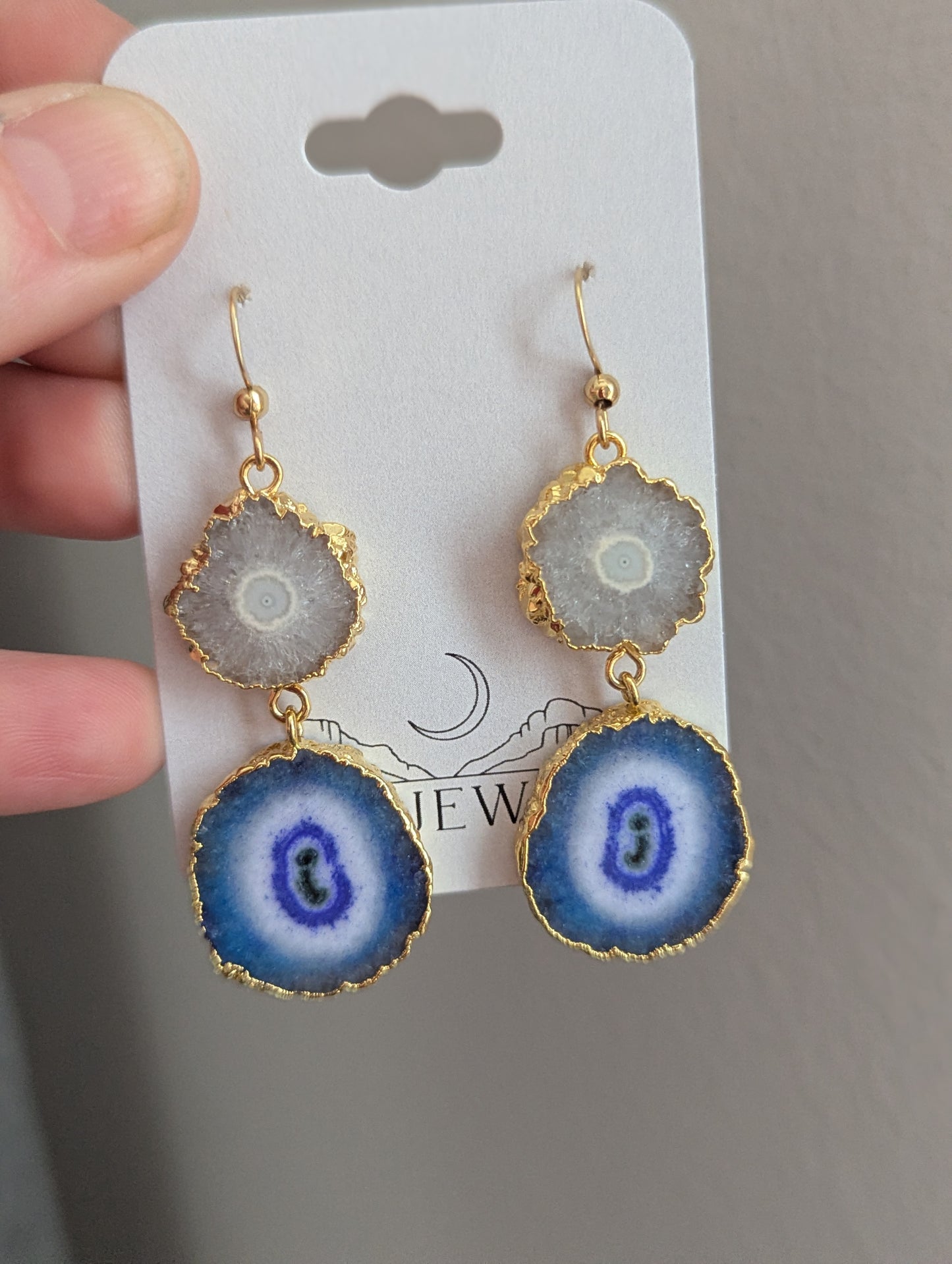 White and Blue Agate Duo Gold Earrings